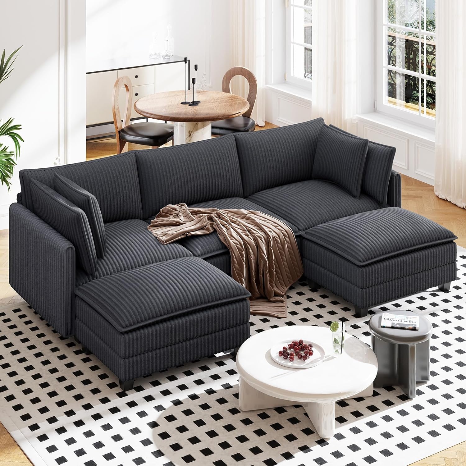 Vesgantti 109" U Shaped Cloud Sectional Sofa, Comfy Corduroy Upholstered Sectional Modular Sofas for Living Room, Modern Modular Couch with 2 Ottoman Deep Seat, Dark Grey Dark Grey 3 Seater & 2 Ottoman-109" L