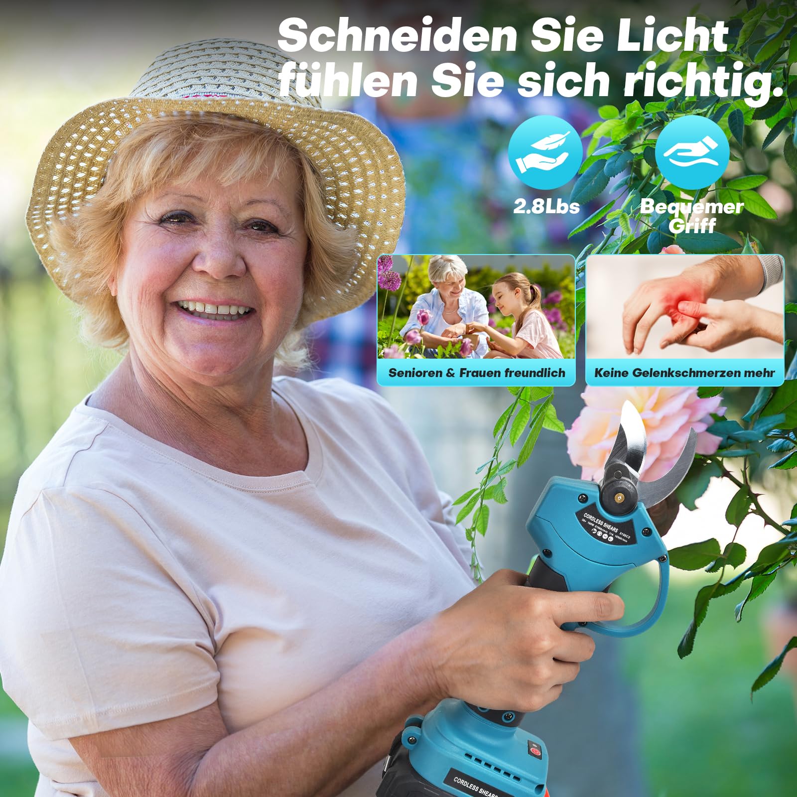 SINWE Akku Astschere, 30MM Gartenschere mit 2 Akku 2000mAh, Bürstenloser Motor Baumschere, Kabellose Elektrisch Garten Schere mit LED-Schnittzählerm, Verstärktes Schutz (30MM Astschere)