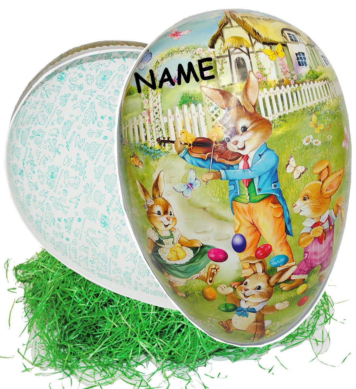 alles-meine.de GmbH XXL - Ostergras & Pappei zum Befüllen - 36 cm - Hasen am Schaufenster - incl. Name - Osterei/Ei zum Befüllen - Papposterei - Deko Pappe Papp - Dekoei Pa..