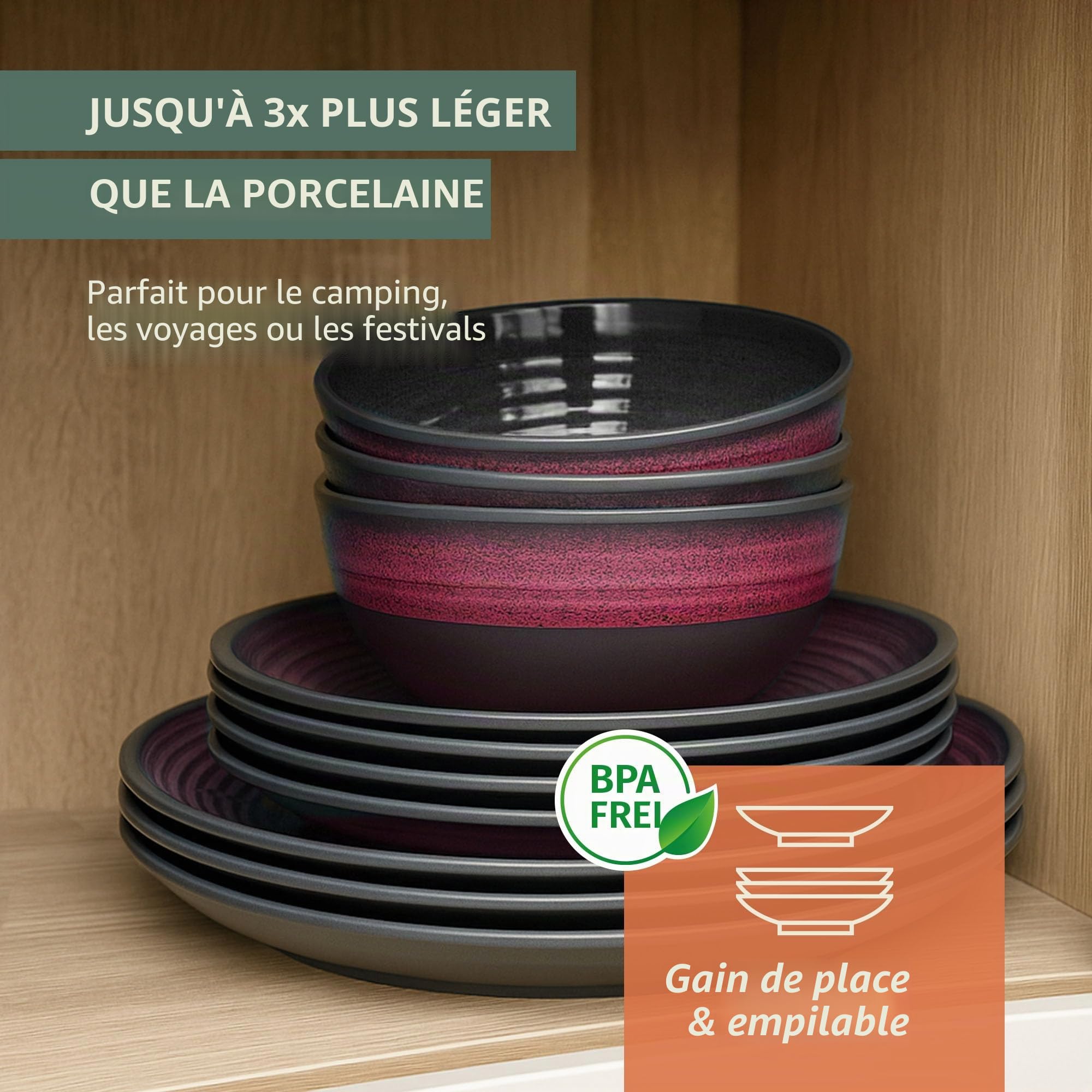 Moritz Vaisselle de table de camping en mélamine pour 4 personnes 12 pièces | Passe au lave-vaisselle | Service de pique-nique | Vaisselle de camping I Stone Red Design