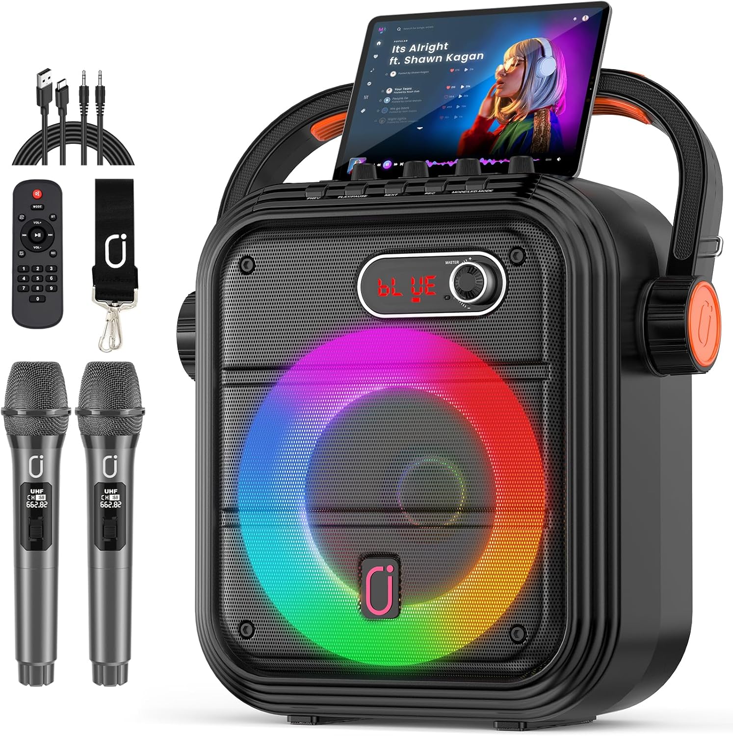 BOGO! Karaoke Machine for Adults Kids, Portable Bluetooth Speaker with 2 Wireless Microphones & Remote Control Supports Bass/Treble, LED Lights, TF Card/USB/AUX, TWS, Echo, Live for Outdoor Party