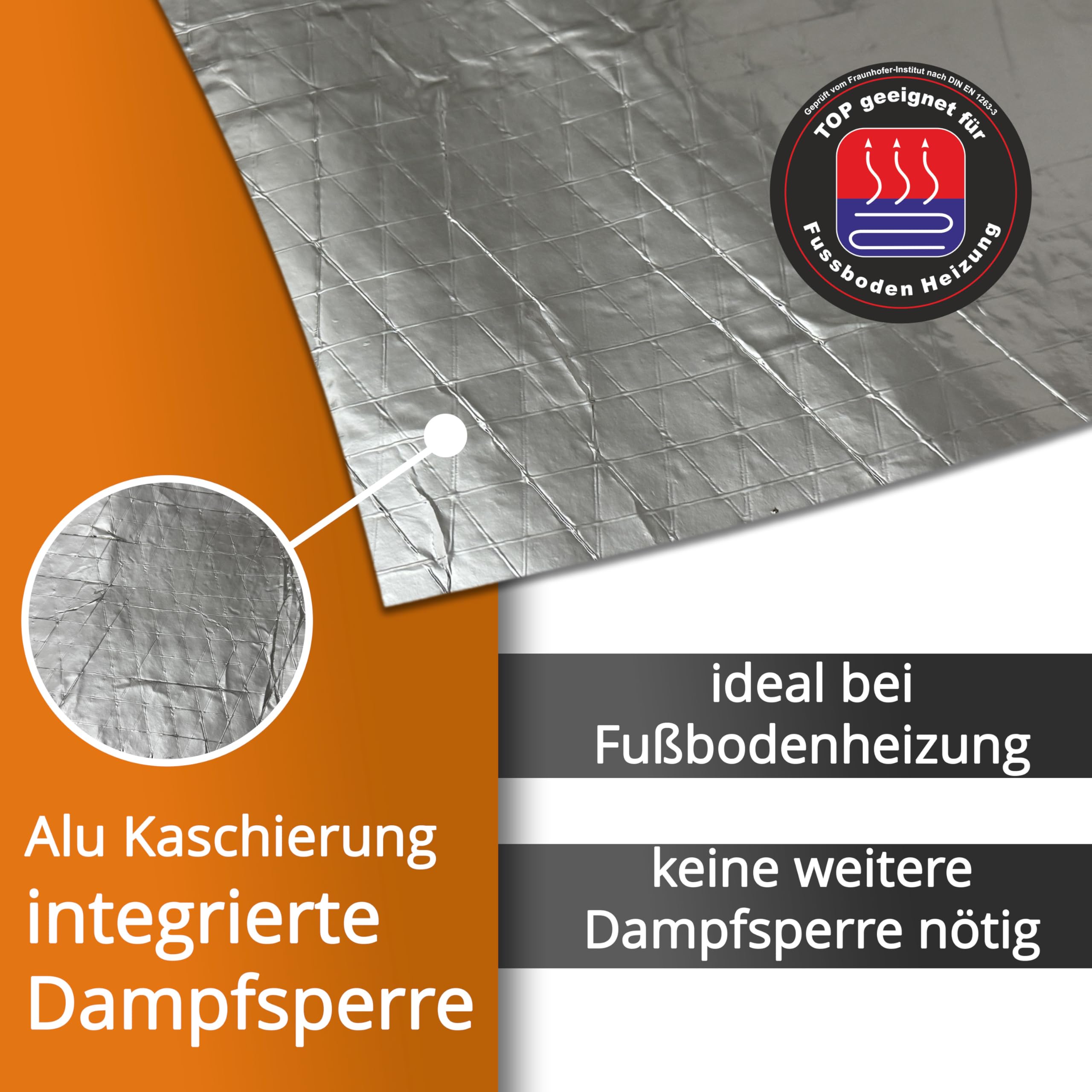 uficell® Akustik Trittschalldämmung topsonic Akustik ALU Gehschalldämmung für Laminat und Parkett mit Alu-Dampfbremse, Raumdichte: 800 kg/m³ (Stärke 3 mm | 50 m²)