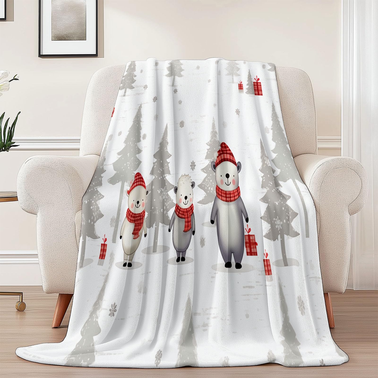 Manta Decorativa Blanco grisáceo Rojo, Estampada Elementos navideños Lindo Oso Pino, Suave y acogedora Manta de Franela para Cama sofá sillón y Silla, Adecuada para Todas Las Estaciones, 150×200 cm