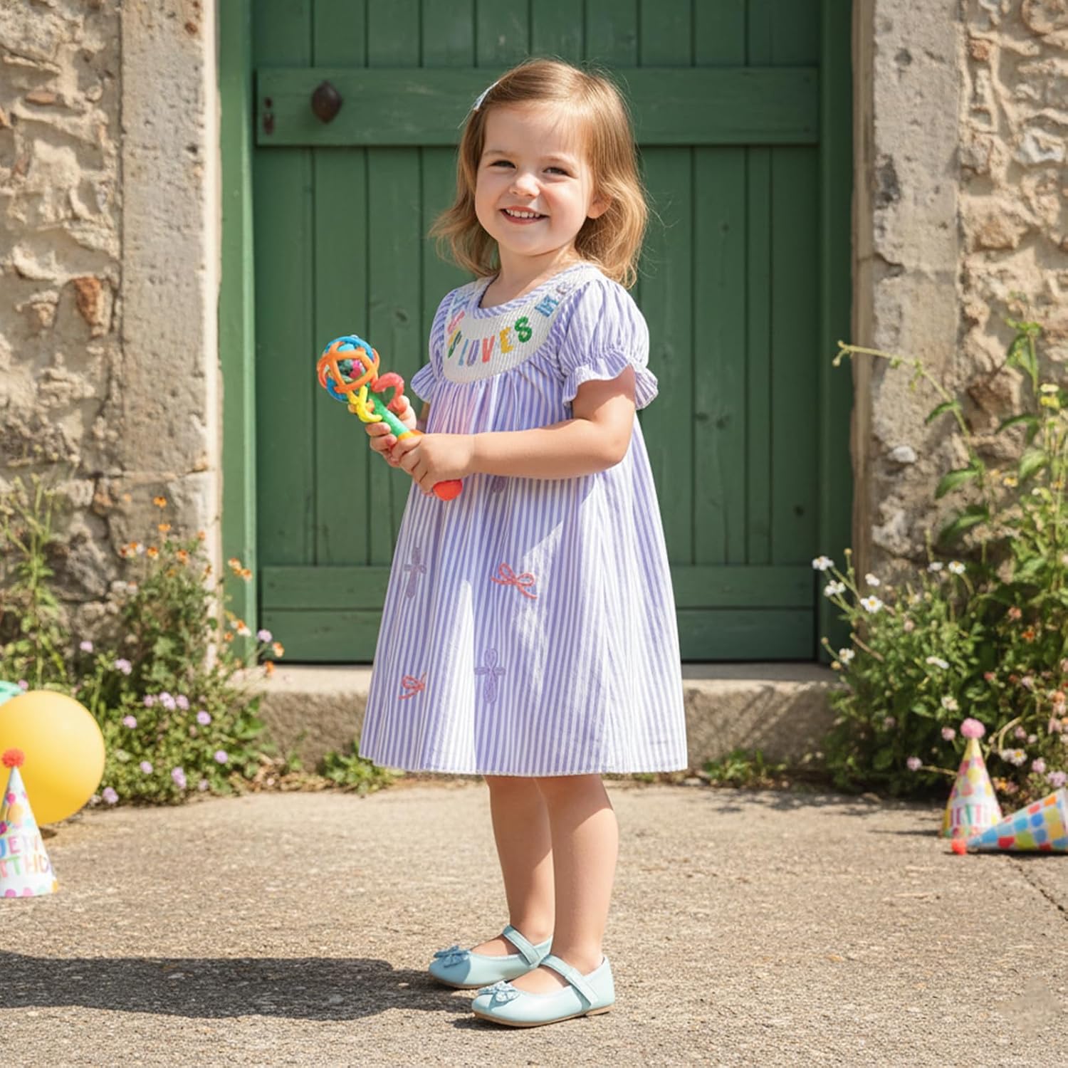 KMBANGI Little Girl Christian Outfit Jesus Loves Me Dress Puff Sleeves Embroidered Smocked Dresses Baptism Outfit Princess - Image 2