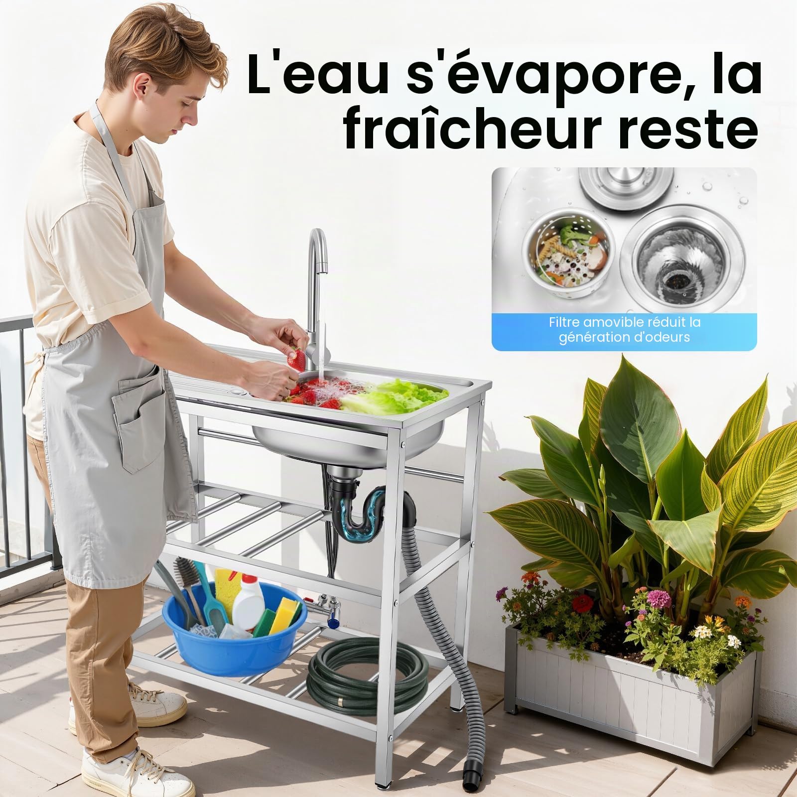 Evier Inox Exterieur,Evier Sur Pied Cuisine,Evier multifonction,Evier Professionnel Avec Robinet Pivotant,Eau Chaude Froide,Double Etagere Rangement,Cuisine Jardin Restaurant Garage