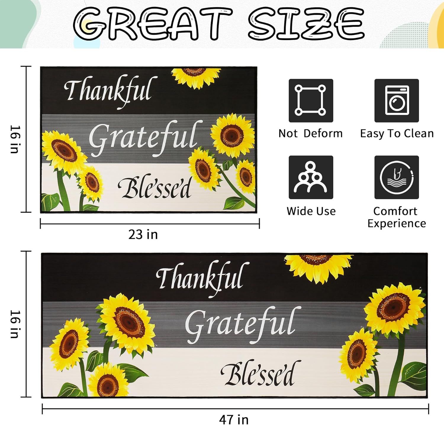 2 Pcs Kitchen Rugs Set Washable Kitchen Mats for Floor, Home, Sink, Bathroom Cushioned Non Slip Sunflower Kitchen Rug Runner Standing Mat （Grateful