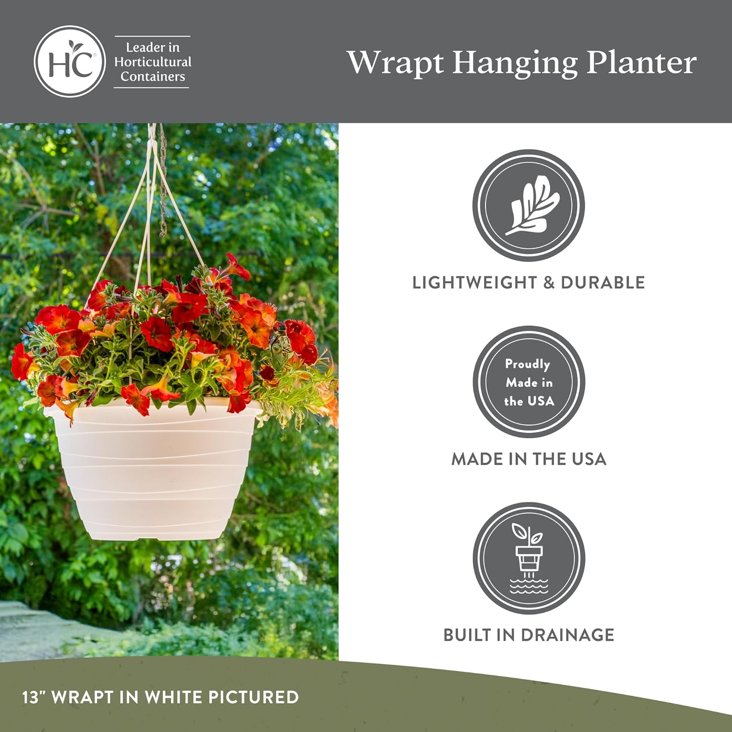 The HC Companies 13 Inch Wrapt Hanging Planters, Lightweight UV-Resistant Plastic Hanging Planters for Indoor & Outdoor Plants, 2-Pack Hanging Flower Pots for Garden, Patio & Home Decor, Black