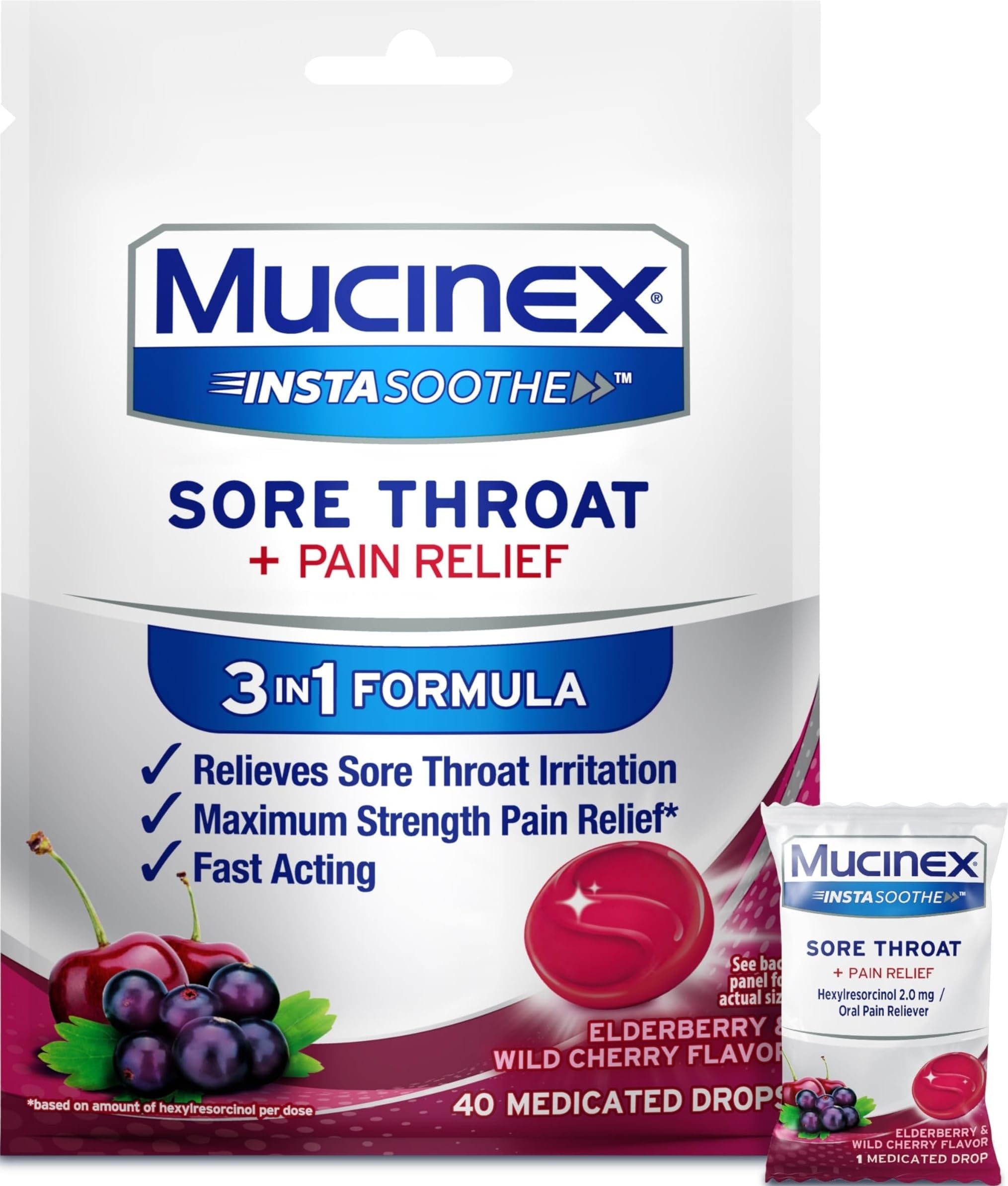 InstaSoothe Sore Throat + Pain Relief Elderberry & Wild Cherry Flavor, Fast Acting, Powerful Oral Pain Reliever, 40 Medicated Drops