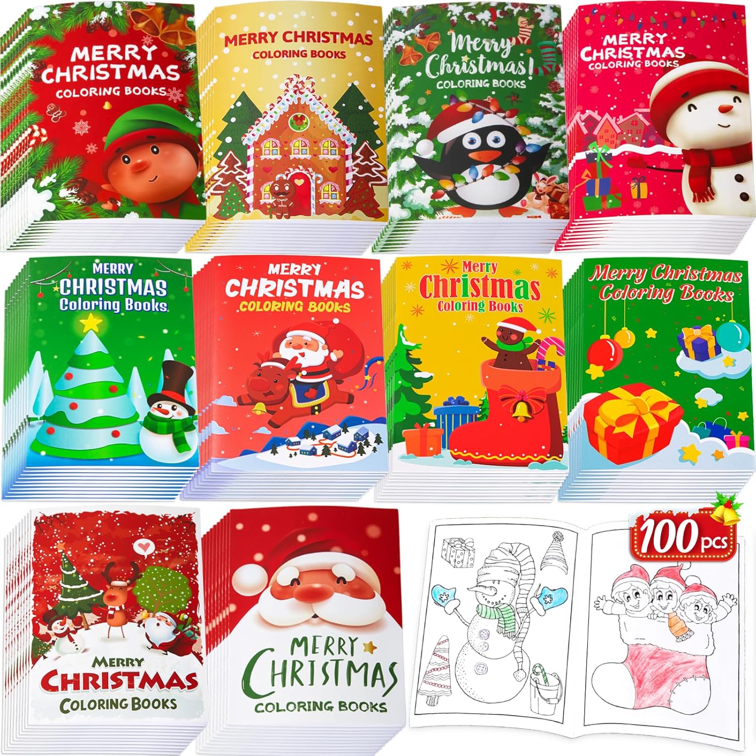90shine 100Pcs Christmas Coloring Books Bulk: Xmas Stockings Goodie Bags Stuffers Winter Gifts Holiday Party Favors Supplies