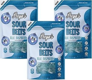 Peeya's Sour Belts Candy | Vegan, Low Fat and Gelatin Free Sour Candy Belts | 3 Pack Sour Belts (Blue Raspberry)