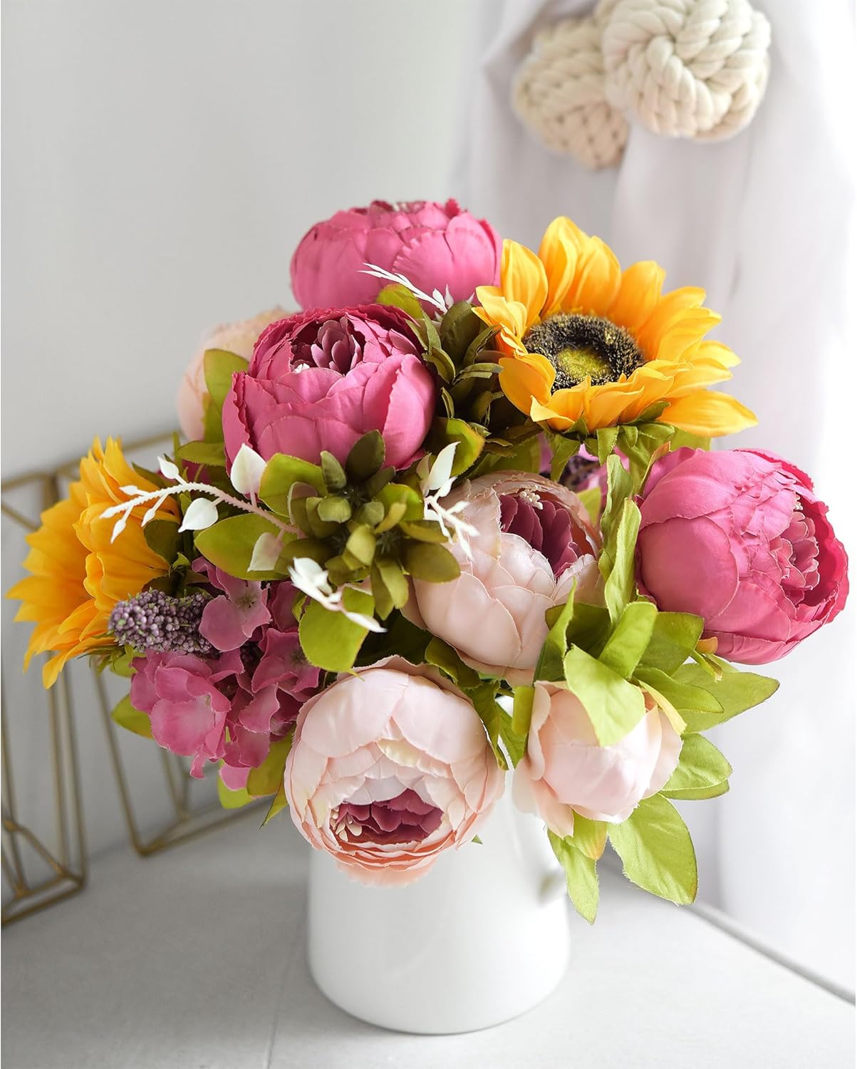 FiveSeasonStuff ''Country Cottage'' Silk Pink Peonies and Sunflowers Mix Flower Bouquet Artificial Flowers