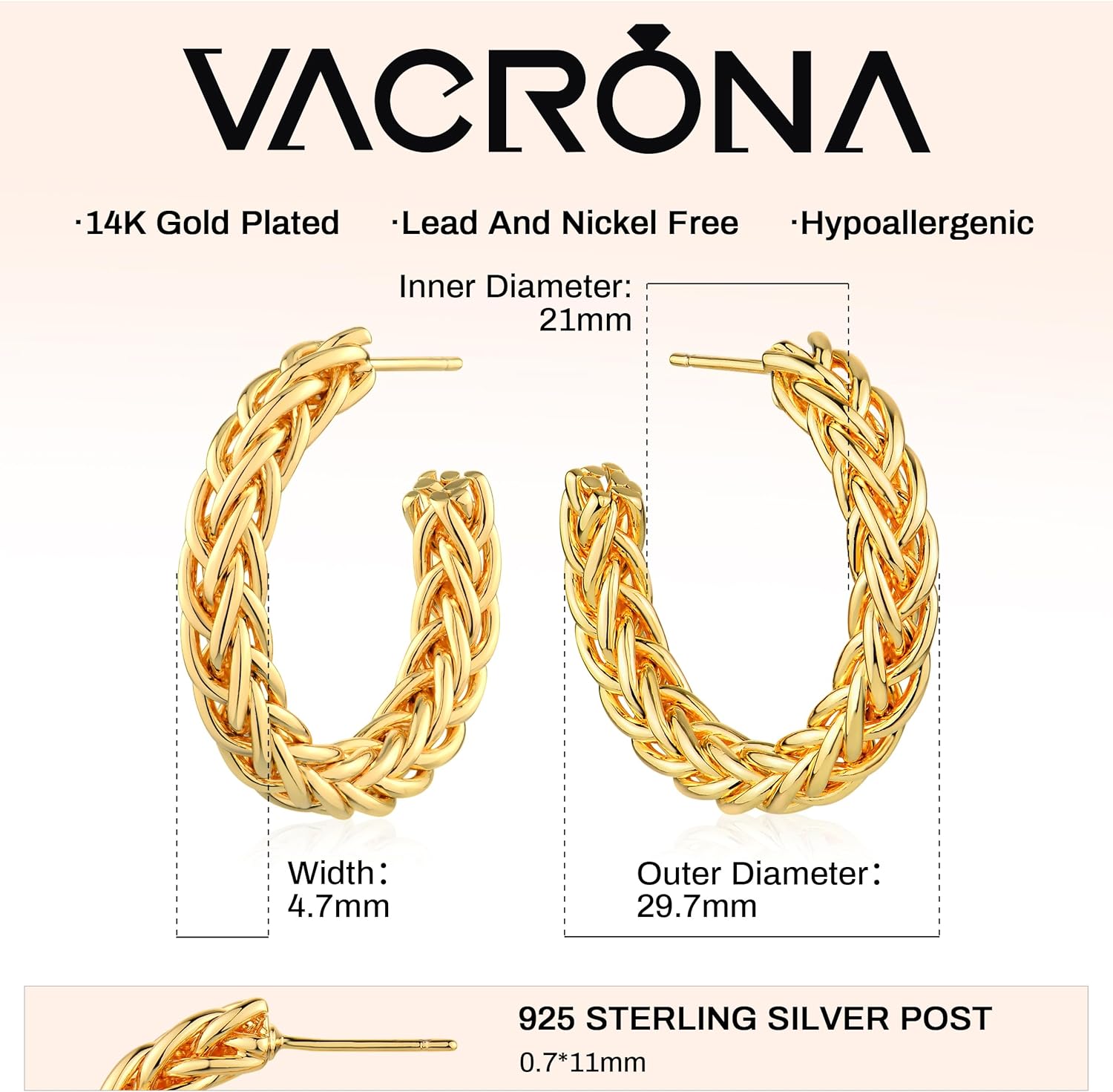 VACRONA Gold Hoop Earrings for Women 14K Gold Plated S925 Sterling Silver Post Open Hoops Twisted Split Rope Hypoallergenic Everyday Jewelry Gifts - Image 6