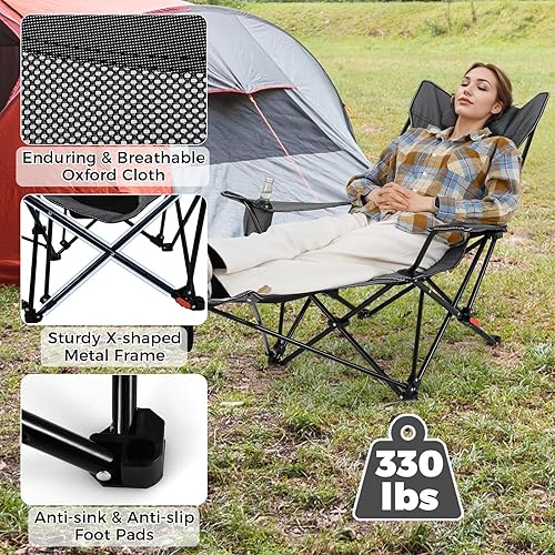 Miniatura 8 de Goplus Silla de camping con reposapiés desmontable, silla de playa plegable con respaldo de 4 posiciones, bolsa de transporte, almohada extraíble,
