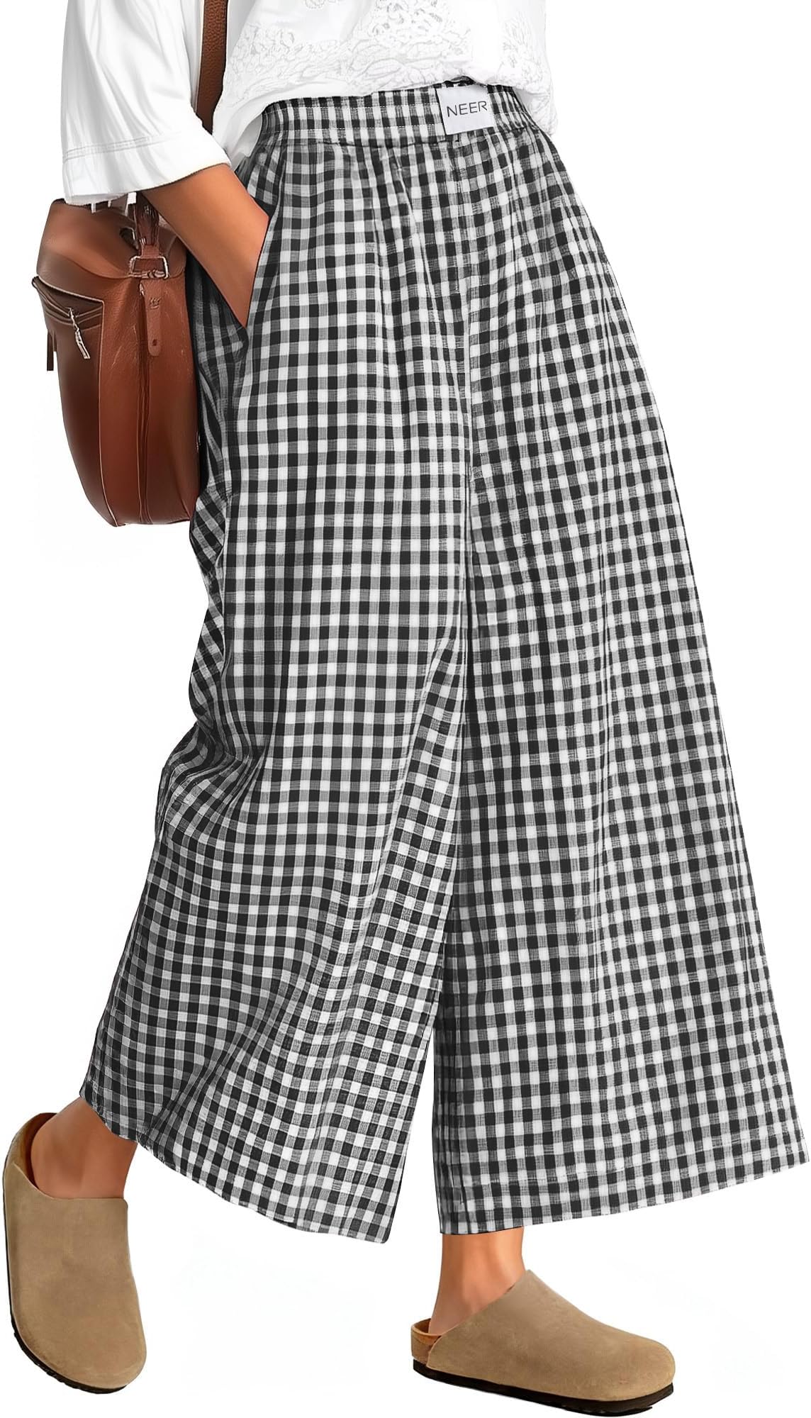 Women's Plaid Gingham Skirt Pants Flowy Oversized Wide Leg Culottes Elastic Waist Palazzo Casual Trousers with Pockets
