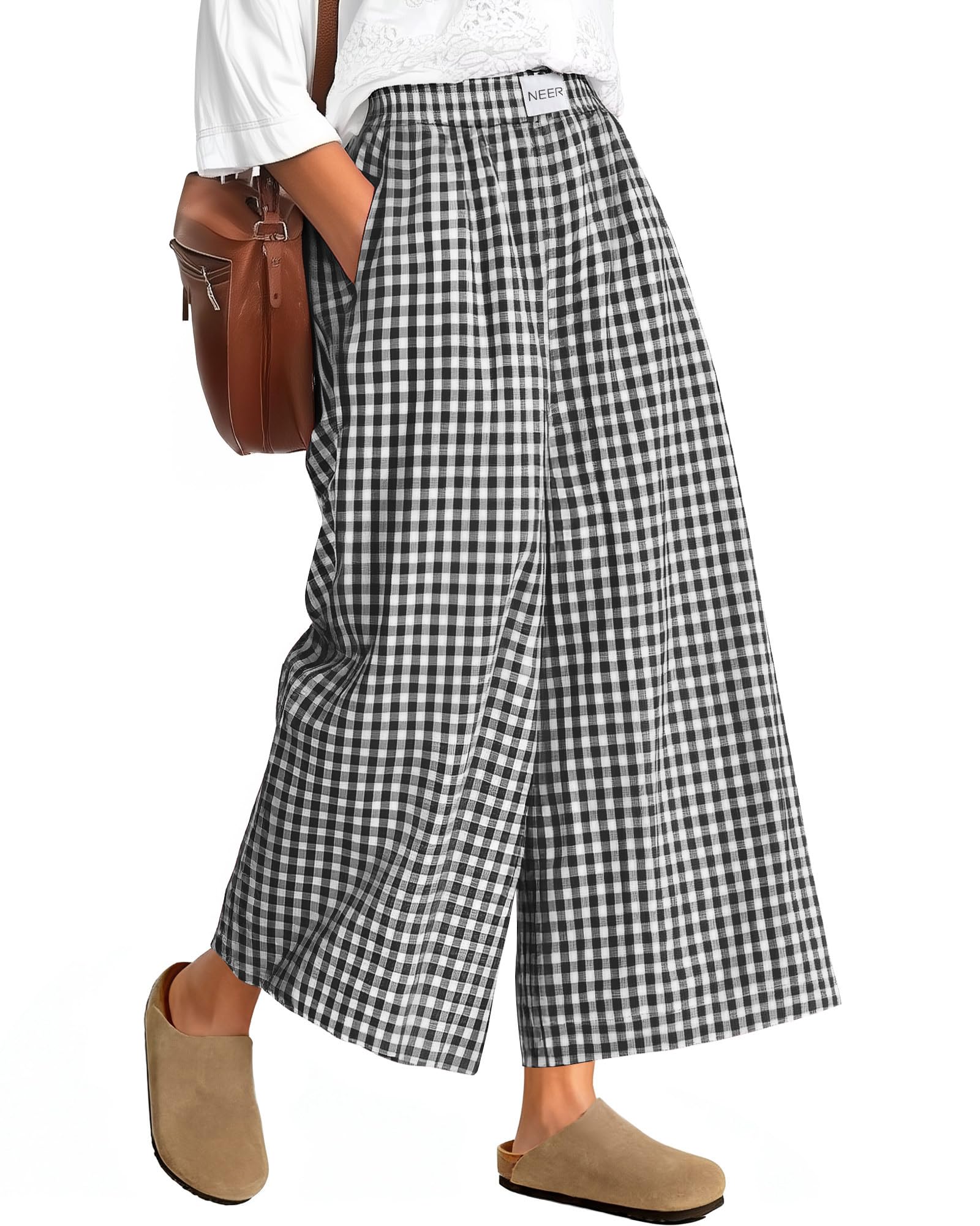 Neer Damen Culottes Gingham-Hose Oversize-Passform weites Bein, elastischer Bund Palazzo-Hosen im Casual-Stil mit Taschen