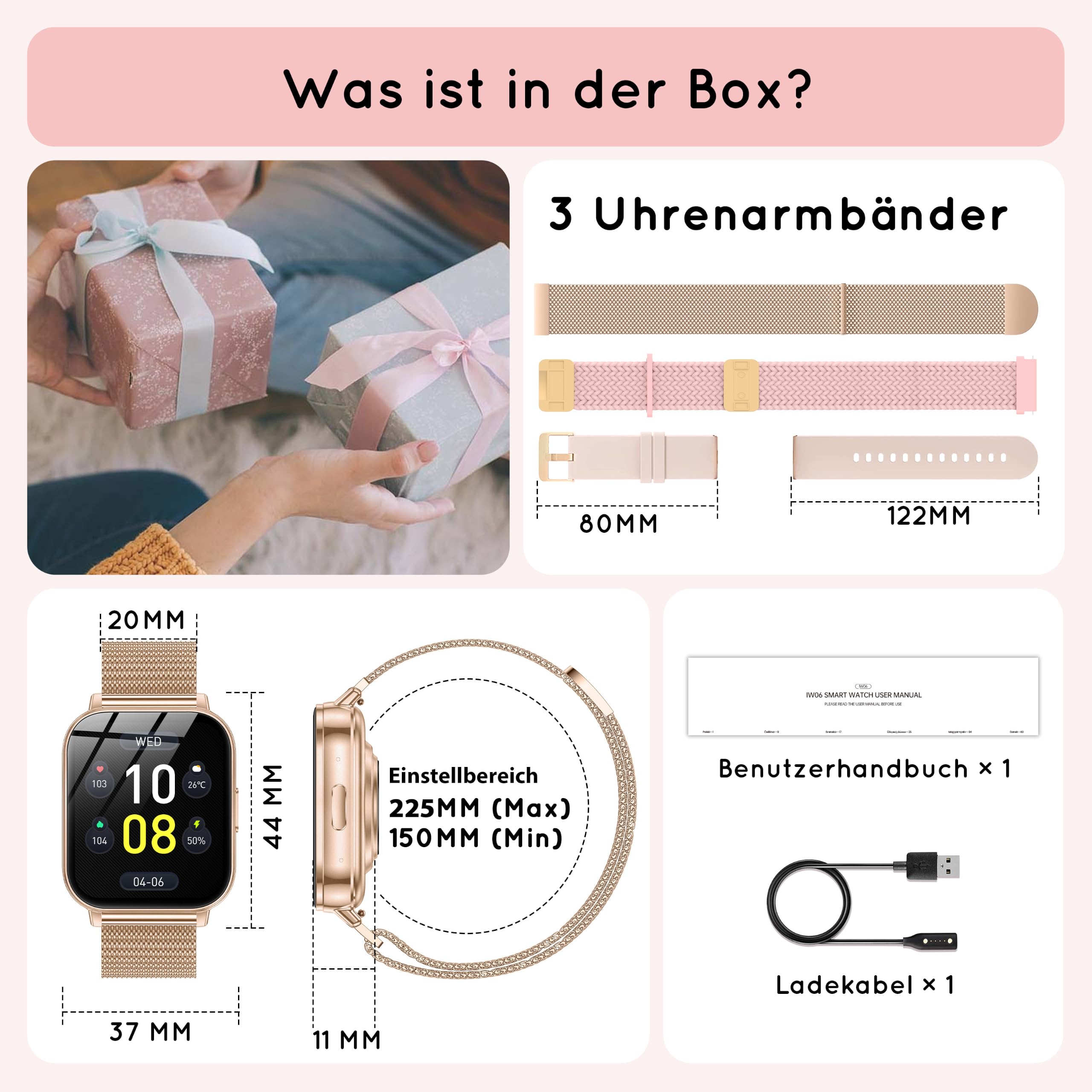 Smartwatch Damen mit Telefonfunktion 1,85" 30+ Tage Autarkiezeit Fitnessuhr Herzfrequenz SpO2 Schlaf Monitor 120+ Sportmodi 1000mAh iOS Android Roségold