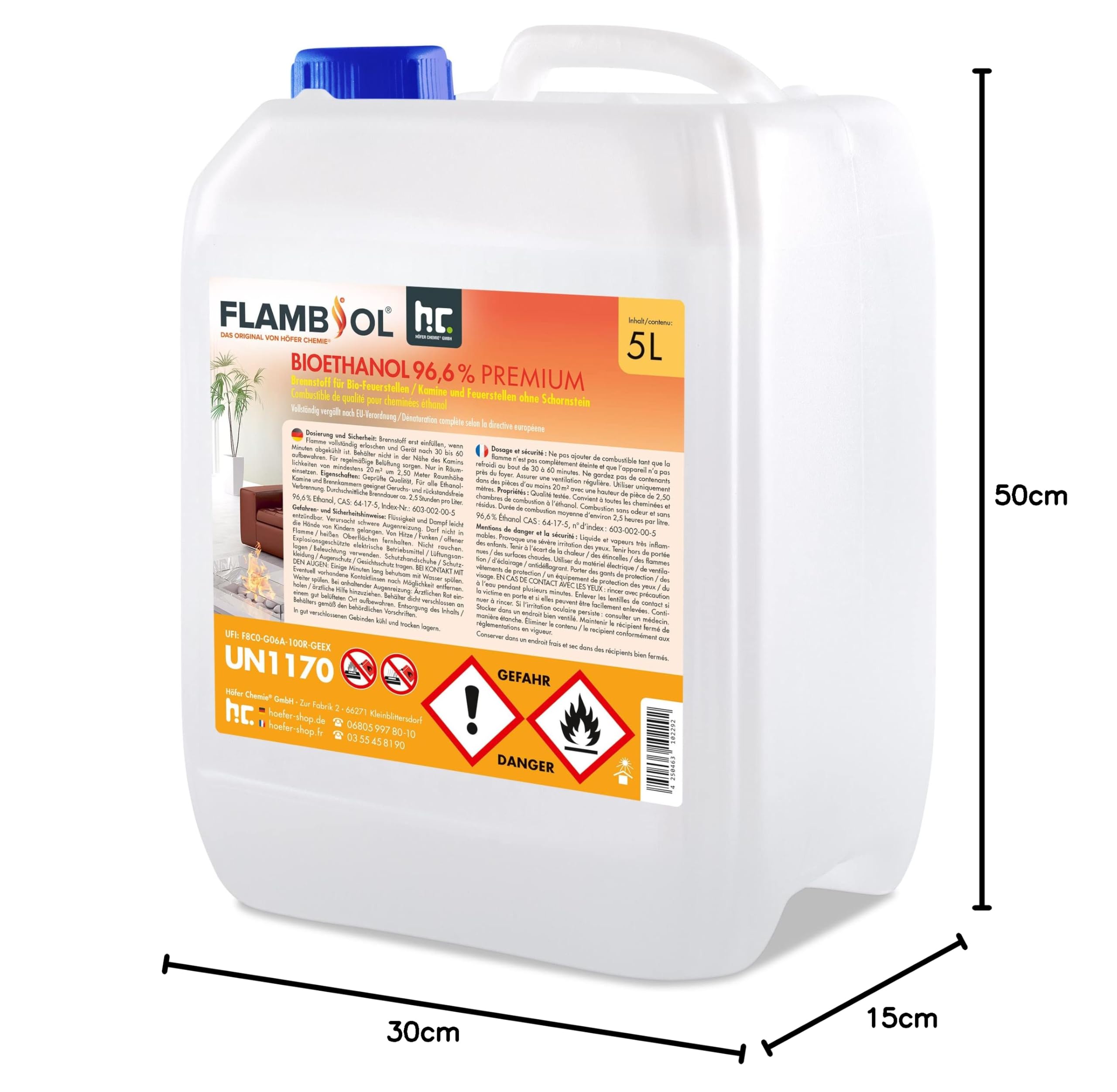 Höfer Chemie 2 x 5 L (10 Liter) FLAMBIOL® Bioethanol 96,6% Premium für Ethanol Kamin, Ethanol Feuerstelle, Ethanol Tischfeuer und Bioethanol Kamin
