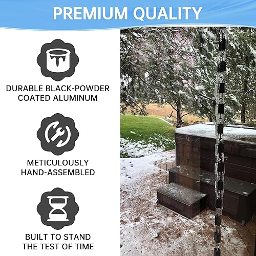 Miniatura 5 de Famiron 1 pieza cadena de lluvia cuadrada, cadenas de lluvia negras para canaletas de 8.5 pies, aluminio duradero recubierto en polvo negro, cadenas