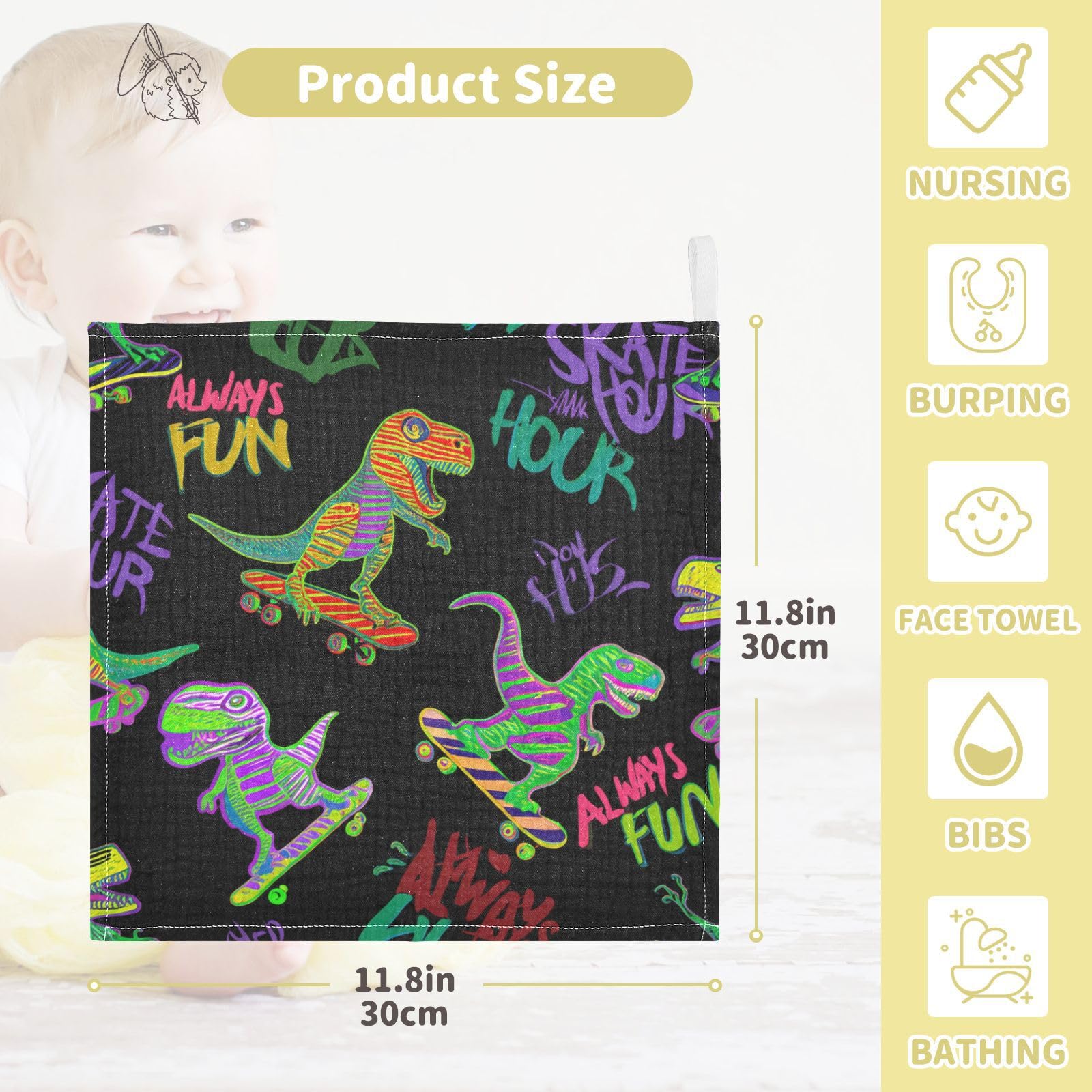 Nander 3Pack Baby Muslin Washcloths,Cute Cartoon Dinosaur Soft Face Cloths for Newborn, Absorbent Bath Wash Cloths, Wipes, Burp Rag,Toddlers Essentials Stuff, Baby Registry as Shower