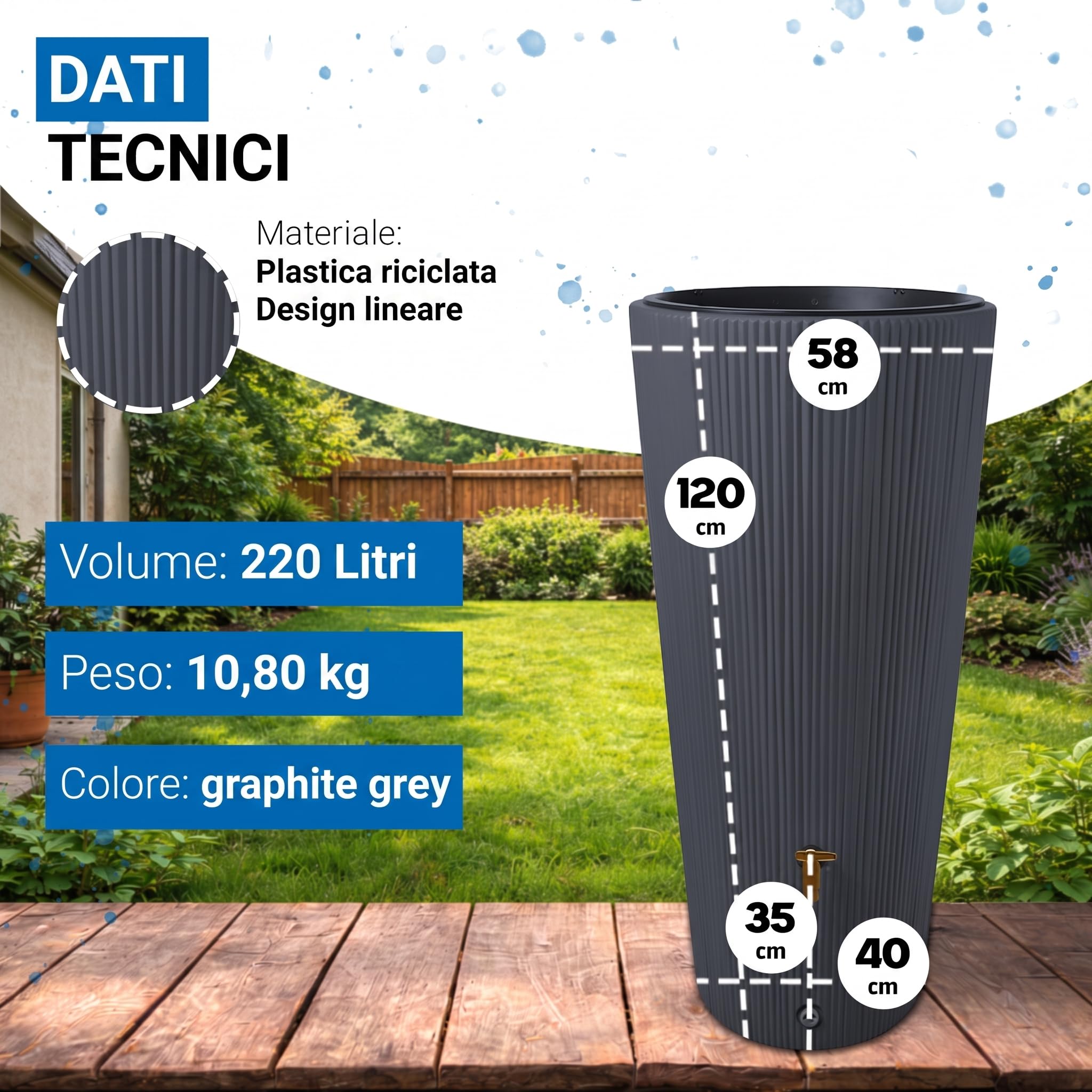 4rain VASO 2in1 DECOR serbatoio per pioggia 220 litri grigio grafite incl. rubinetto in plastica e raccordo pluviale - raccolta acqua piovana - vaso decorativo da giardino - per spazi esterni moderni
