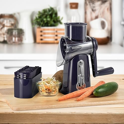 Miniatura 7 de Rallador de queso giratorio 5 en 1 con asa, cuchillas de acero inoxidable, cortador y triturador de verduras, molinillo de nueces, rallador de