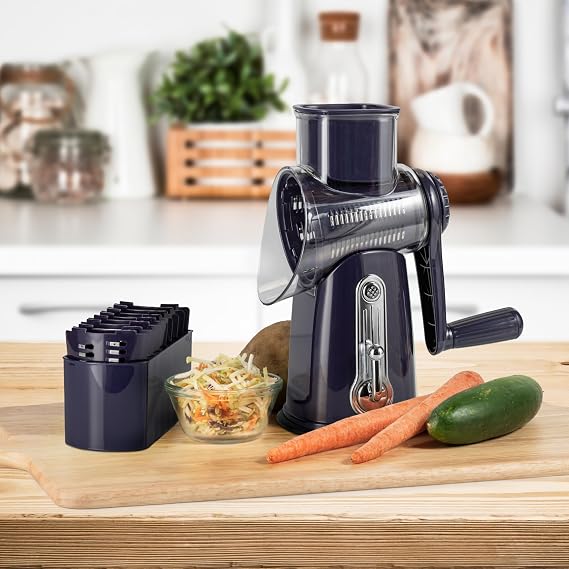 5-in-1 Rotary Cheese Grater with Handle Stainless Steel Blades, Vegetable Slicer & Shredder, Nut Grinder, Carrot & Cabbage Grater, Easy-to-Clean Kitchen Tool (Purple)