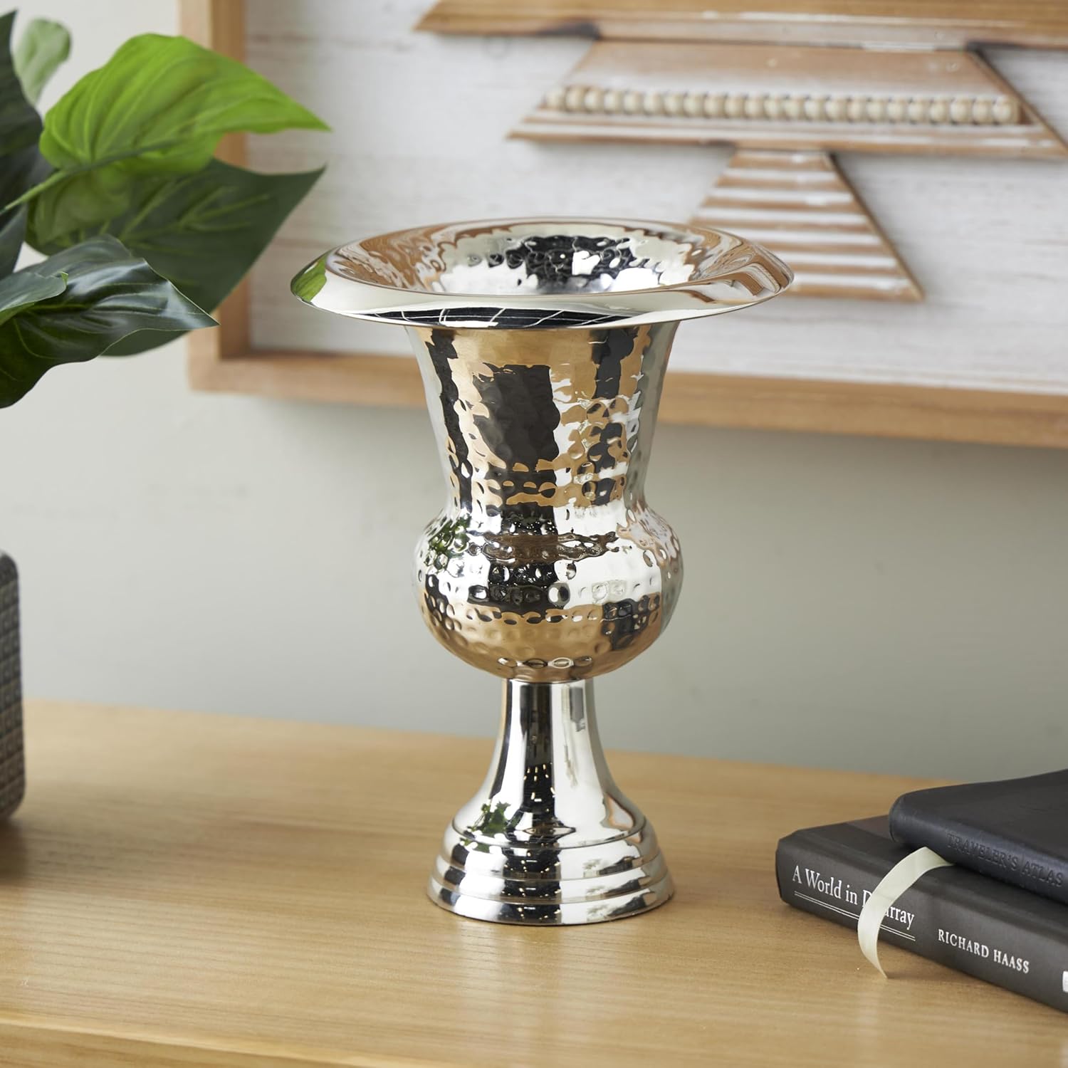 Deco 79 Aluminum Metal Decorative Vase Goblet Inspired Hammered Centerpiece Vase, Flower Vase for Home Decoration 8" x 8" x 11", Silver