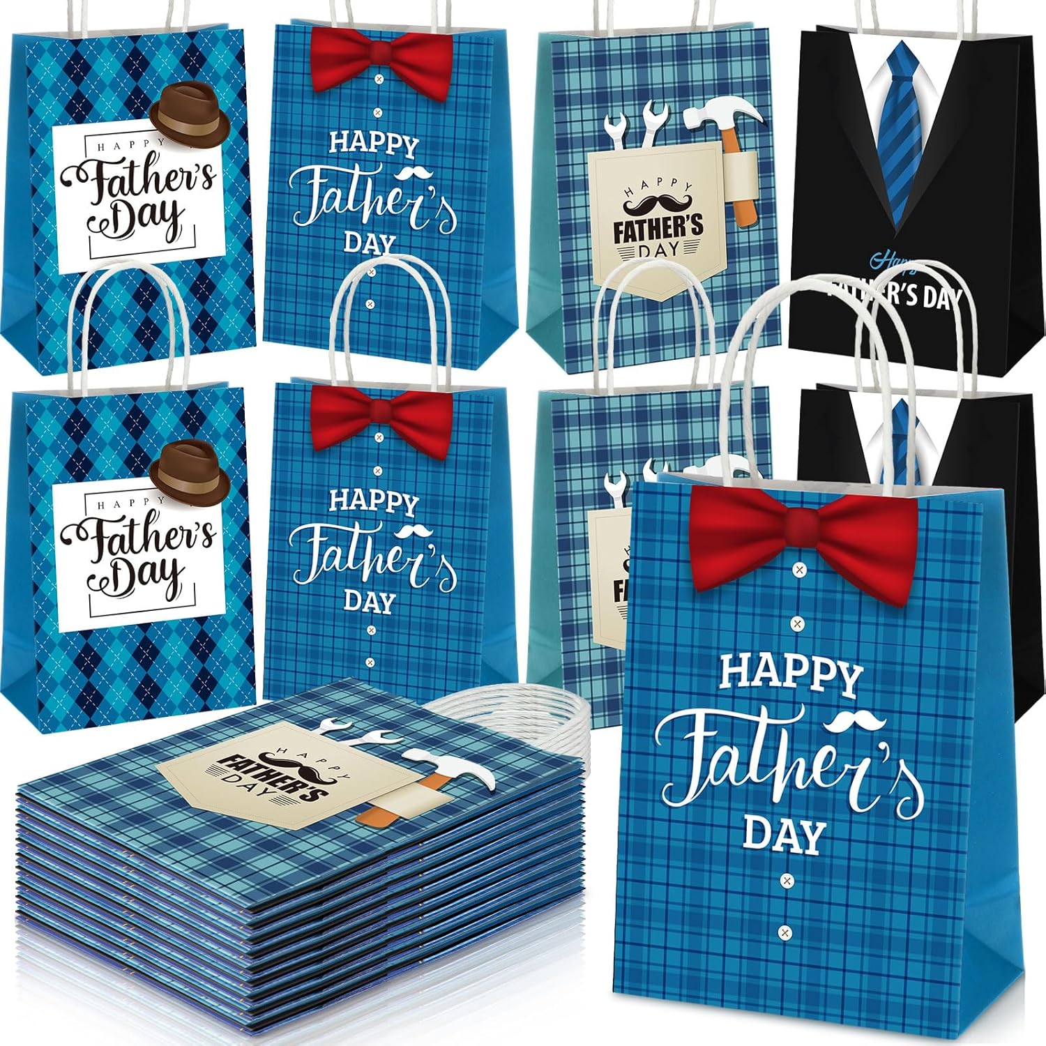 Saypacck 100 Pcs Fathers Day Gift Bags with Handle Bulk Blue Reusable Kraft Paper Tote Goodie Candy Package Shopping Present Wrap Bag for Happy Father Dad Grandpa Men Birthday Party Supplies (Bright)