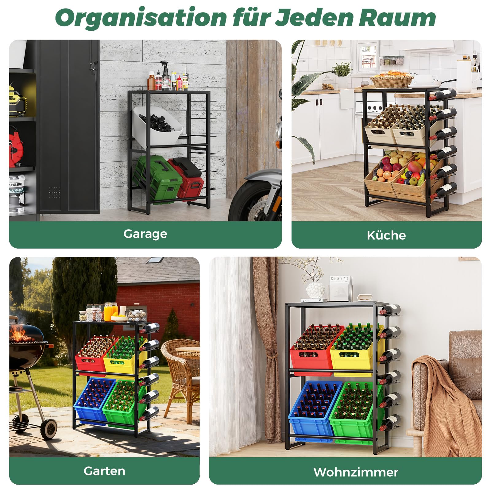 Getränkekistenregal für 4 Kisten, Trag.400KG, Kistenregal Getränkekisten | Getränkeregal Metall, Schwarz Getränkeregal, Weinregal, Vorratsregal, Kastenregal für Küche Balkon Keller & Abstellraum