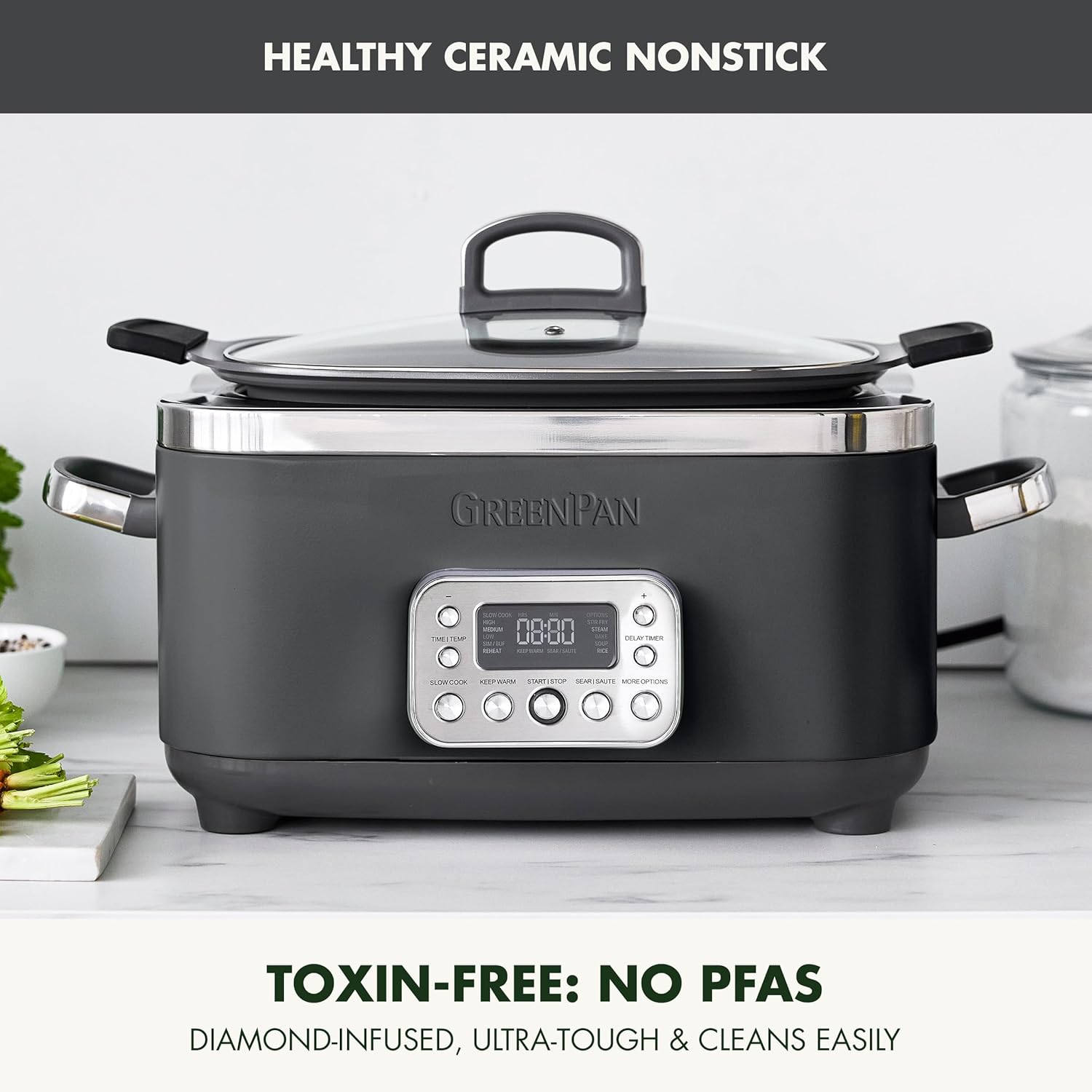 GreenPan Elite 14-in-1 Nonstick 6QT Electric Slow Cooker, PFAS-Free Ceramic Multi-Cooker, In-Pot Browning, Dishwasher Safe Lid & Removable Crock, Stainless Steel Steamer, Silicone Handles, Graphite