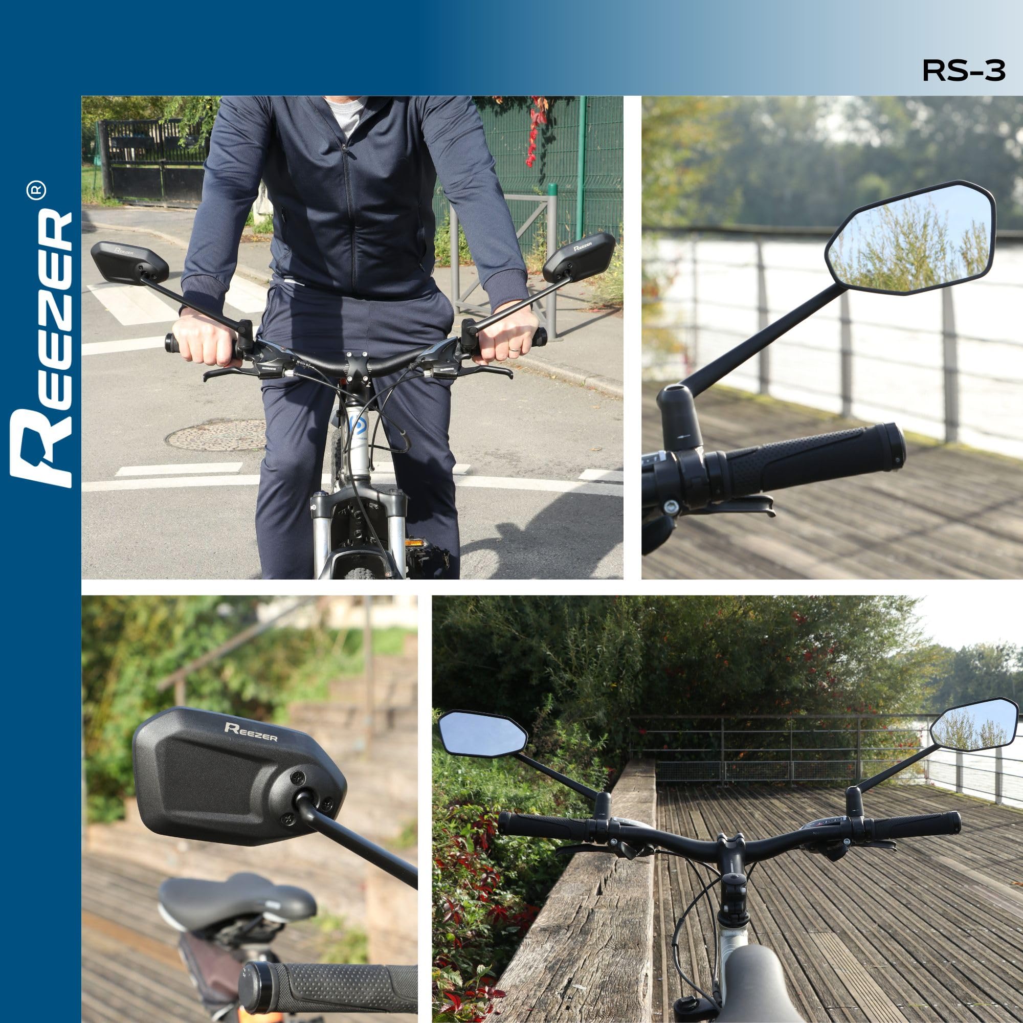 REEZER - Specchietto retrovisore per bicicletta RS03 - Specchietto per e-bike - Specchietto per monopattino elettrico - Per manubri da 22 a 25,4 mm - Regolabile a 360° SINISTRO