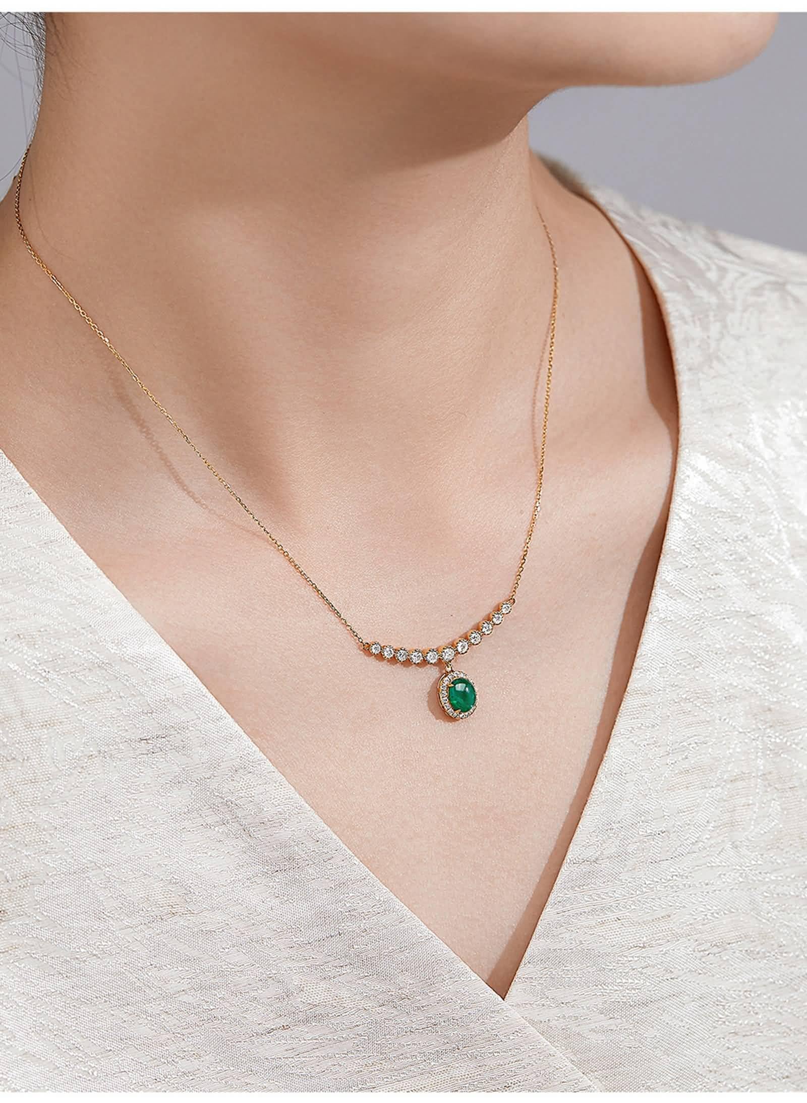 Halsketten für Frauen Fein Ovaler Smaragd und Diamant, Halskette Hochzeit Vintage für Sie| Gelbgold | Trendiger Modeschmuck für Vatertag