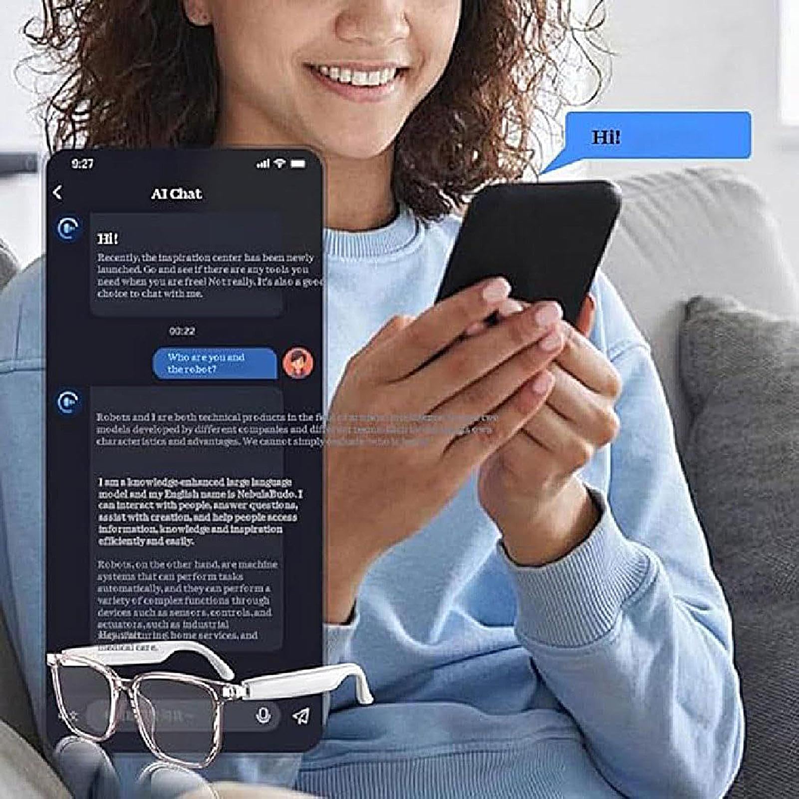 Occhiali intelligenti con audio e traduzione AI - 55mA * 2 traduttori | 5.83x5,91 pollici Supporto accessori elettronici multifunzione 144 lingue per riunioni, guida