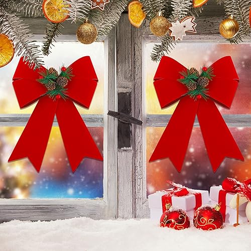 Miniatura 5 de MCEAST Paquete de 6 lazos de corona de Navidad de terciopelo rojo para decoración de árbol de Navidad, guirnalda de árbol de Navidad, decoración