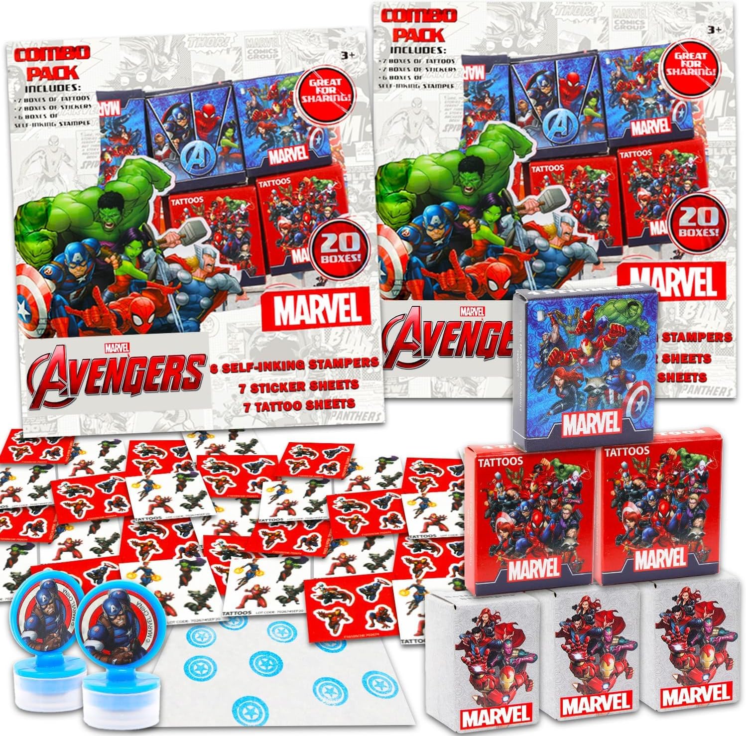Marvel Avengers Holiday Gift Exchange Set - Bundle with 40 Avengers Party Favor Boxes with Stickers, Tattoos, Stampers for Easter Basket Fillers, More