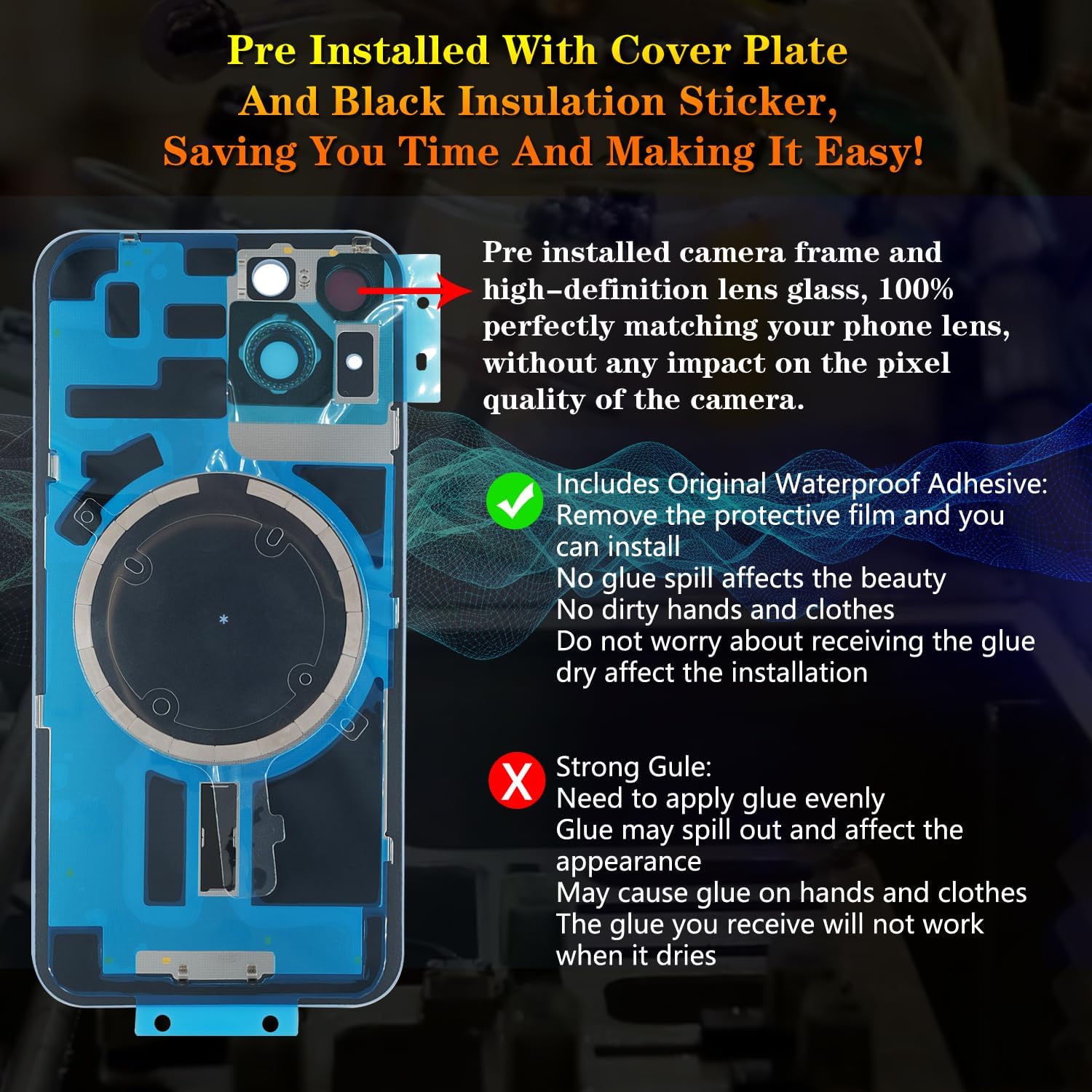 Back Screen Glass Cover Replacement Compatible with iPhone 14 All Carriers 6.1" + Pre-Installed Plate and Camera Frame + Professional Tools (Midnight) Black