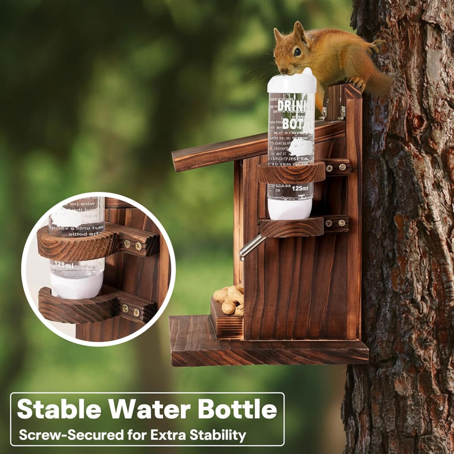 Wooden Squirrel Feeder Box, Backyard Chipmunk Feeder with Water Bottle & Roof, Wall Mount Chipmunk Feeding Station for Backyard Outside Garden