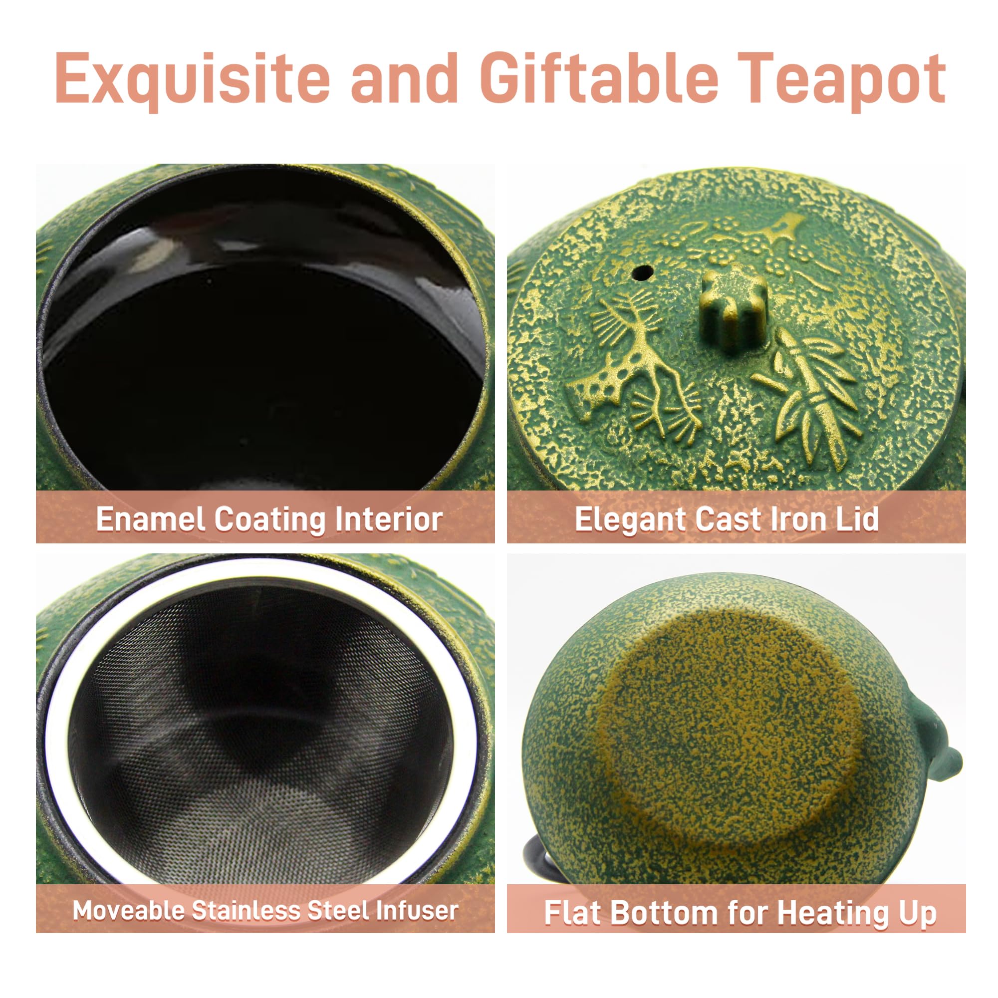 Tetera de hierro fundido, tetera SECHUDO recubierta con interior esmaltado para té suelto, tetera de hierro fundido con infusor de acero inoxidable para estufa segura (30 onzas, patrón 2)