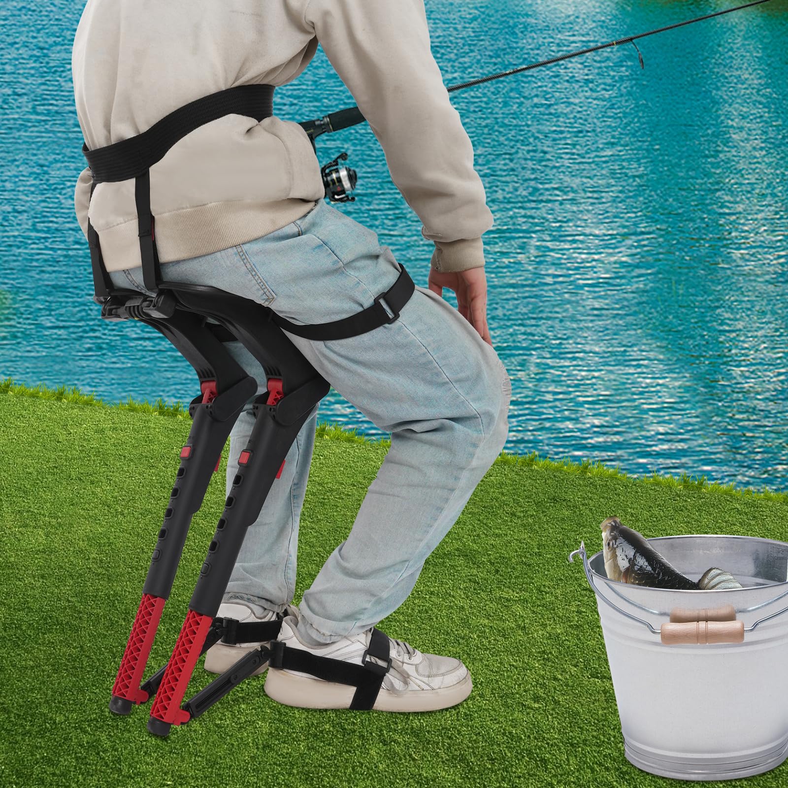 Silla portátil exoesqueleto para actividades al aire libre, pesca y camping, altura ajustable, ancho y ángulo de cojín ajustable, multifuncional y ligera, silla invisible (A)