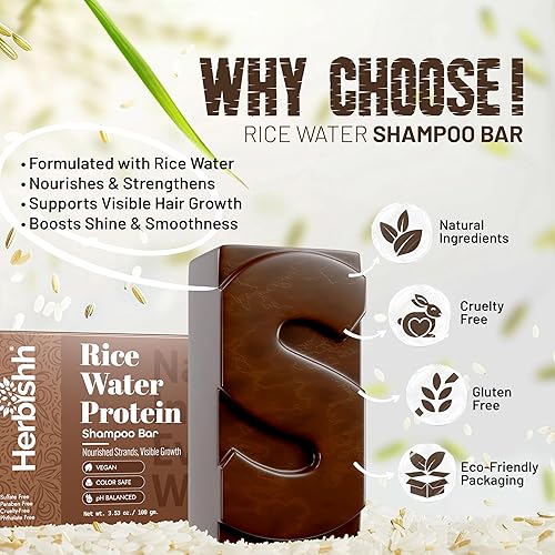 Miniatura 2 de Herbishh Barra de champú de agua de arroz para el crecimiento del cabello, fortalecimiento y nutrición, jabón sólido para adelgazar el cabello,