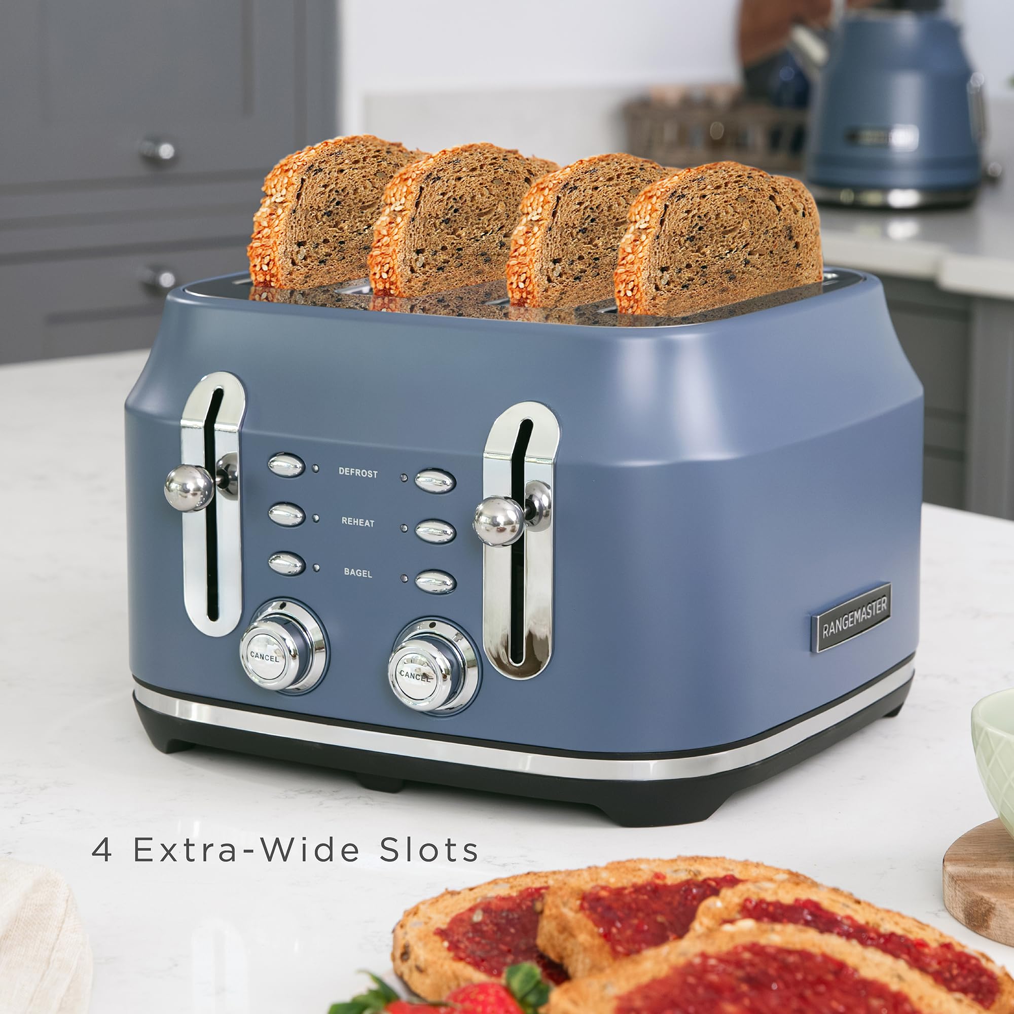 Rangemaster Tostadora clásica en azul piedra mate con ranuras extra anchas, 6 niveles de dorado, función de elevación y aspecto, función antiatascos, bandeja extraíble para migas y 3 ajustes