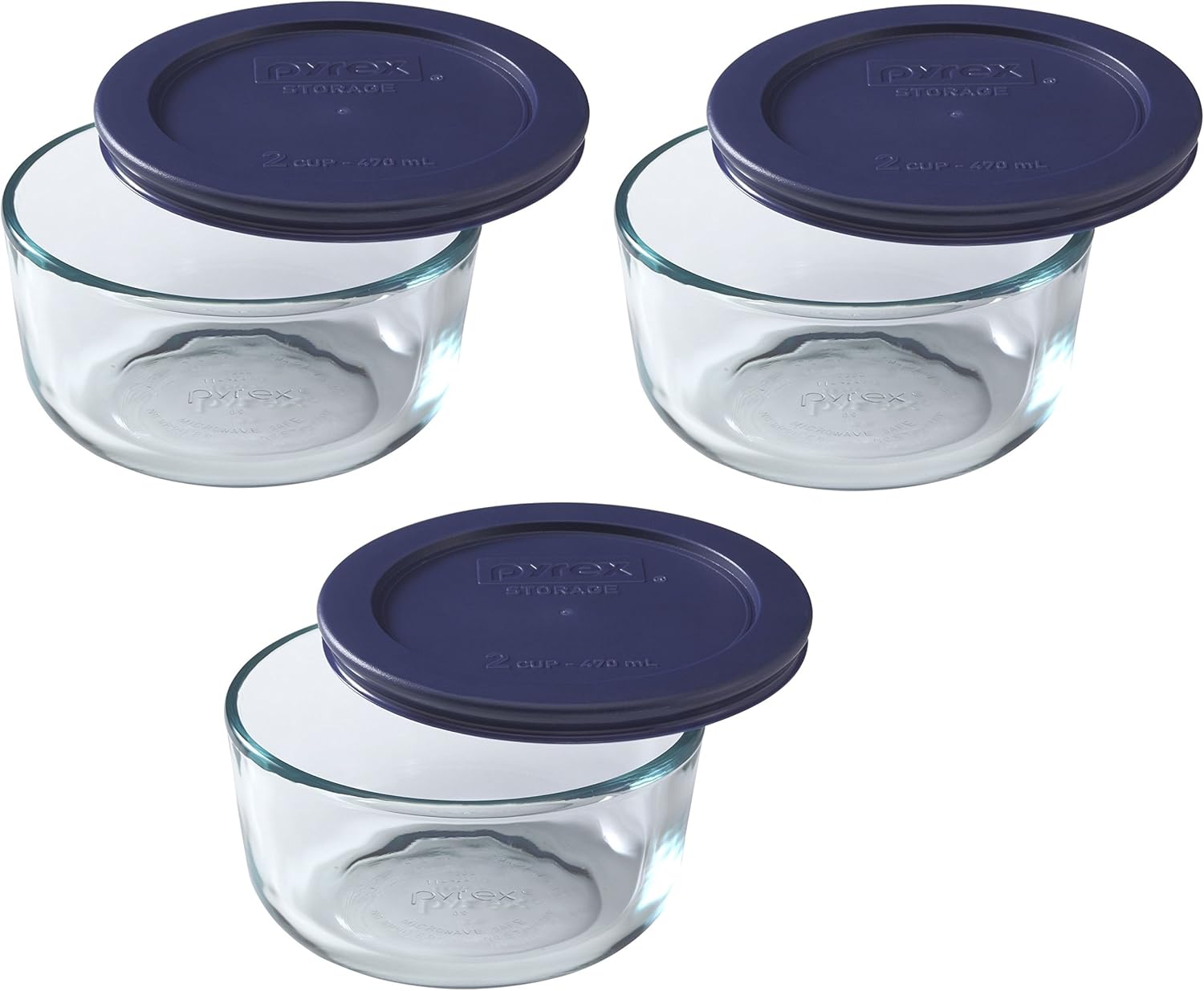 Pyrex Blue Storage Round Dish with Dark Plastic Cover, Clear (2-Cup Pack of 3)