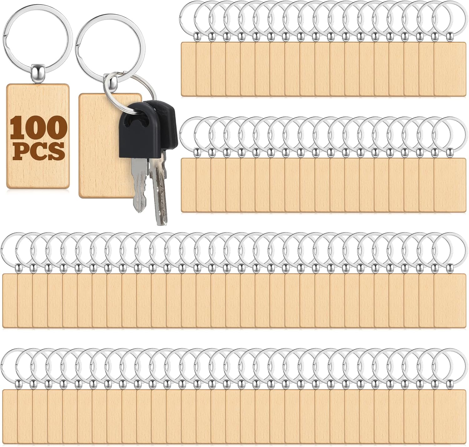 COMNICO 100 Pcs Wooden Keychain Blanks Bulk, Unfinished Laser Engraving Rectangle Keychain Blanks Wood Sign Ring Tag for DIY Gift Crafts Supplies Pet Tags