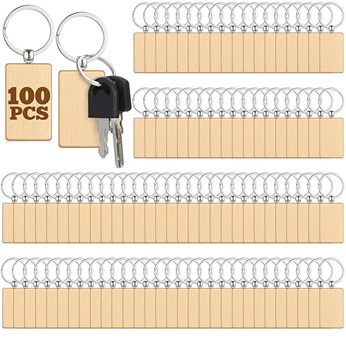 100 Pcs Wooden Keychain Blanks Bulk, Unfinished Laser Engraving Rectangle
