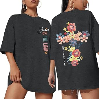 Christian Shirts for Women Oversized Floral Jesus Faith T-Shirt
