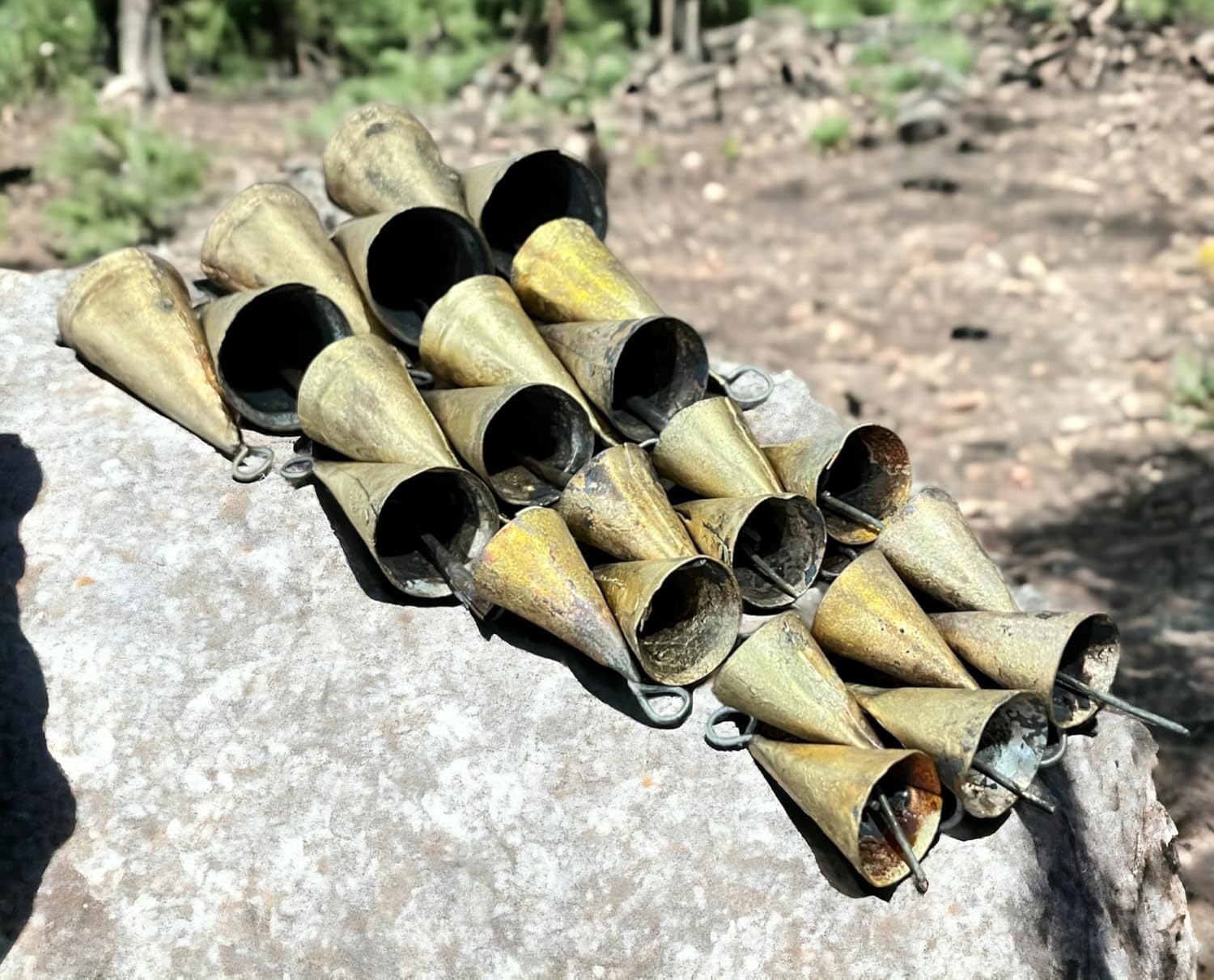 Mango Gifts Vintage Rustic Iron Tin Bells, Chimes Craft Bells, X-Mas Tree Decoration, Jingle Bell, Antique Gold Finish, Cone Shape, Mix Assortment Set of 24 Pieces
