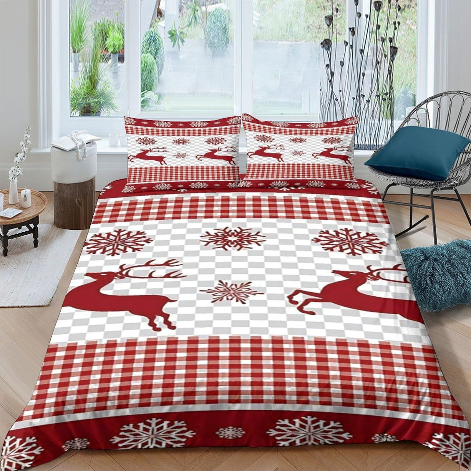GPLZQXKJNH 3D Printed Red Reindeer Snowflake Duvet Cover Microfiber Soft Breathable Christmas Bedding Set with 2 Pillowcases for Bedroom Decor Single（135x200cm）