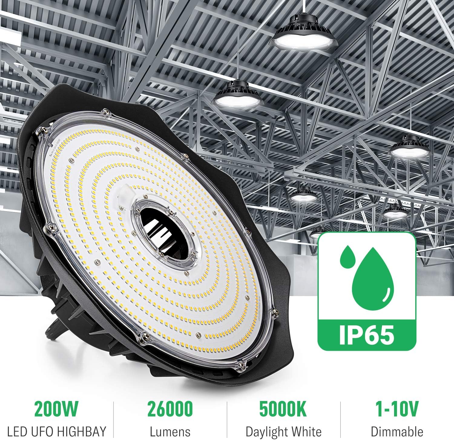 Rеvіеw Dіѕсоunt A-ANTEN 5000K Coollight UFO High Bay Light, 200W 26000LM 1-10V Dimmable High Bay Light Fixture for Mall Garage Warehouse Workshop, 240w Perfect Alternatives, 4.92ft Cable with US Hook UL/DLC Approved