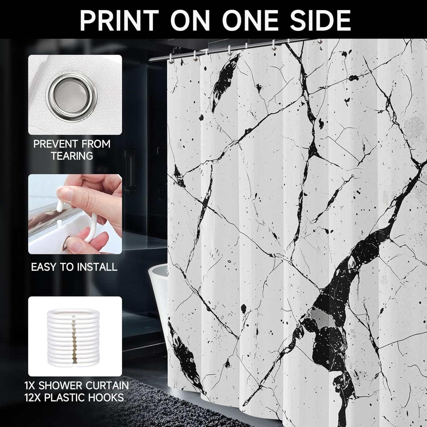 Black and White Marble Shower Curtain 70X90in/178x229cm Modern Minimalist Style Bathroom Decor, Machine Washable Bathtub Curtain, Waterproof Polyester Fabric Cloth Bath Curtains with Hooks