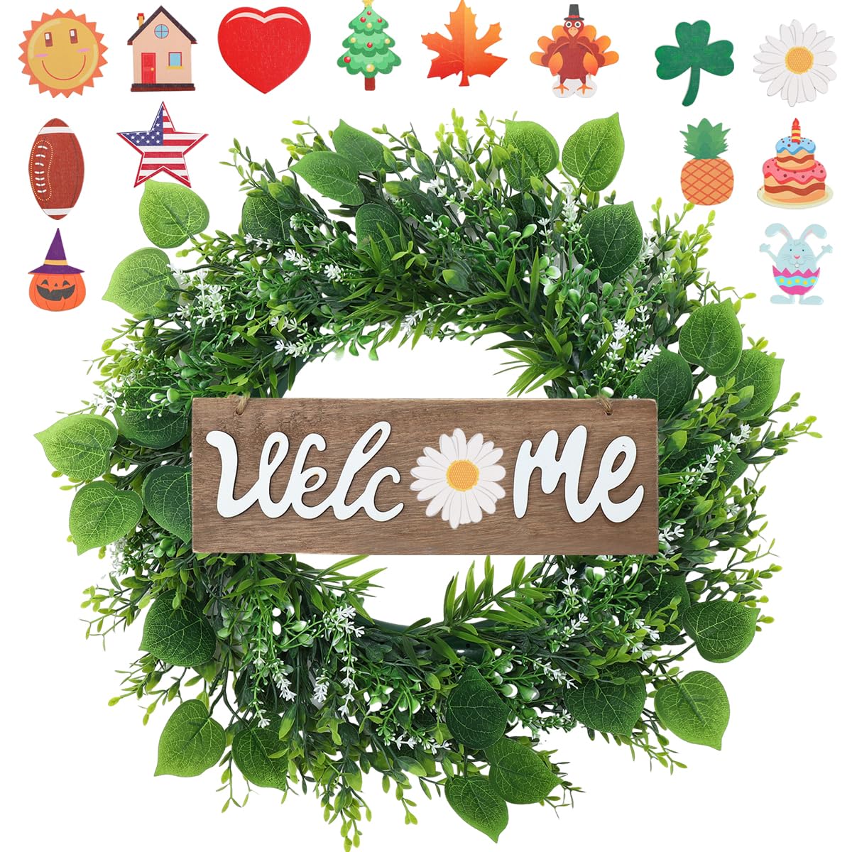 HOMCDALY Wreaths for Front Door, 18'' Door Wreath with Interchangeable Welcome Sign, Spring Summer Green Wreath, Farmhouse Outdoor Artificial Wreath Hanging Front Door Decorations Home Décor?18in?